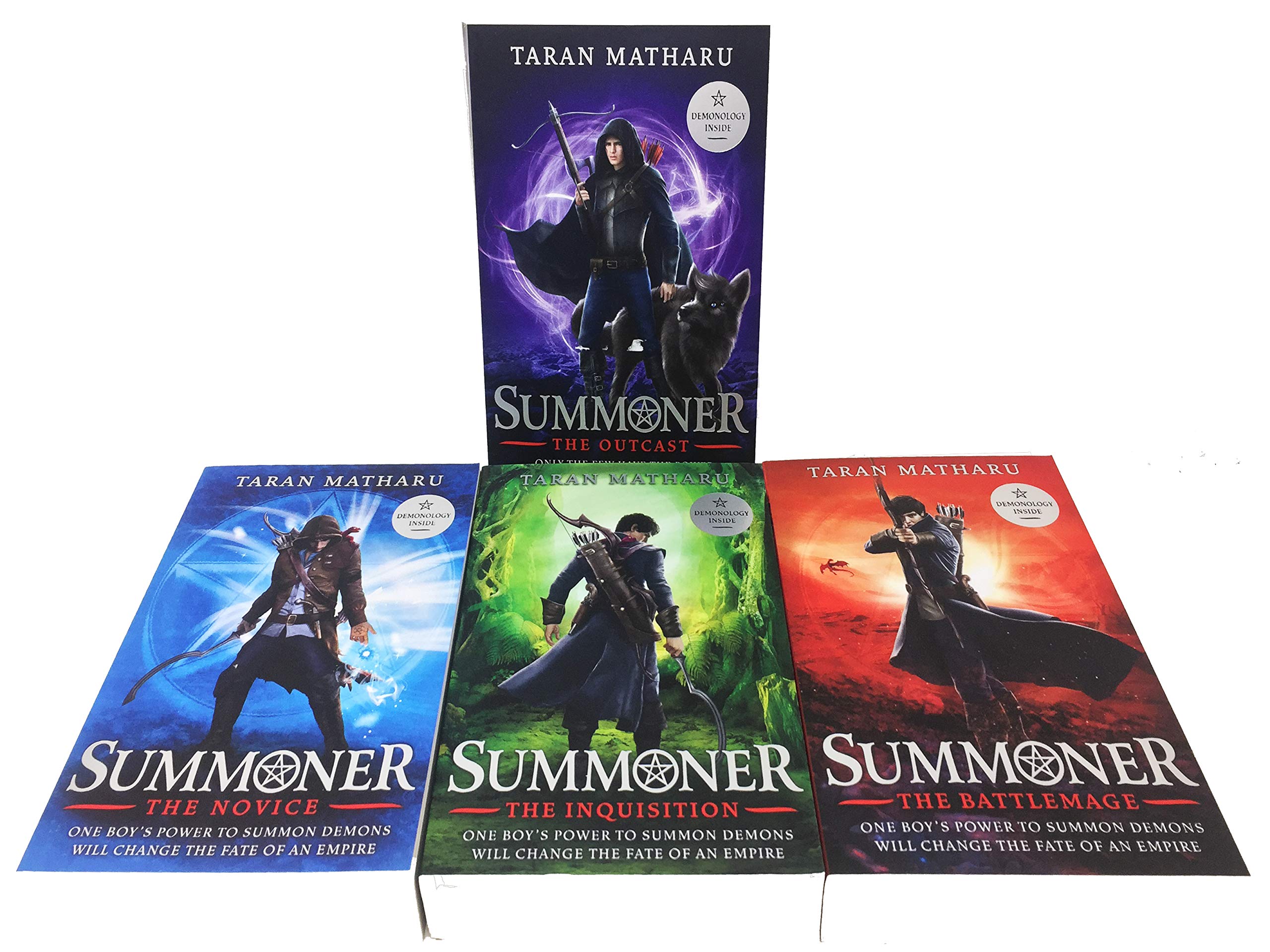 The Summoner 4-book paperback set by Taran Matharu shown together, including The Novice, The Inquisition, The Battlemage, and The Outcast