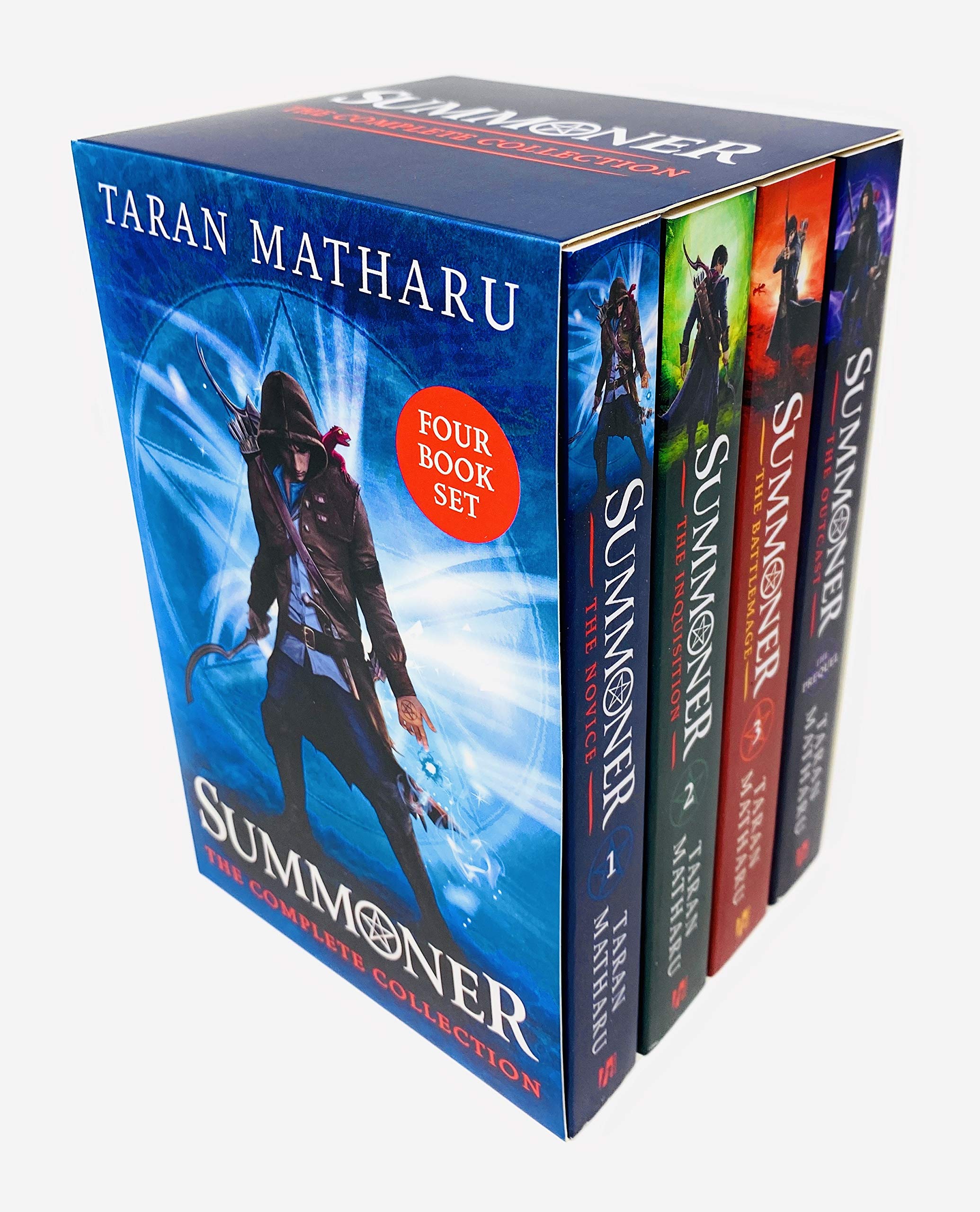 Summoner Series by Taran Matharu 4-book paperback box set, front cover featuring The Novice, The Inquisition, The Battlemage, and The Outcast