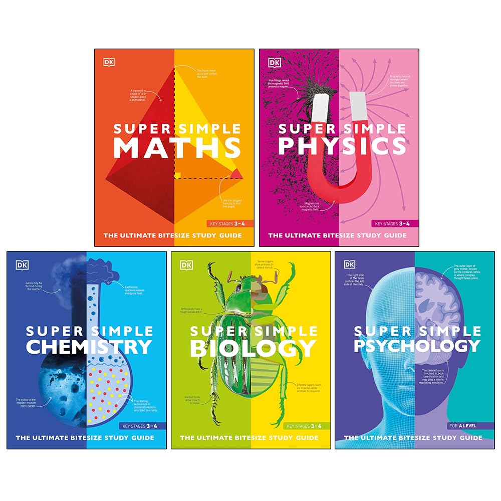 Front covers of the Super Simple 5 Books Collection Set by DK, showing Maths, Physics, Chemistry, Biology, and Psychology paperback study guides.