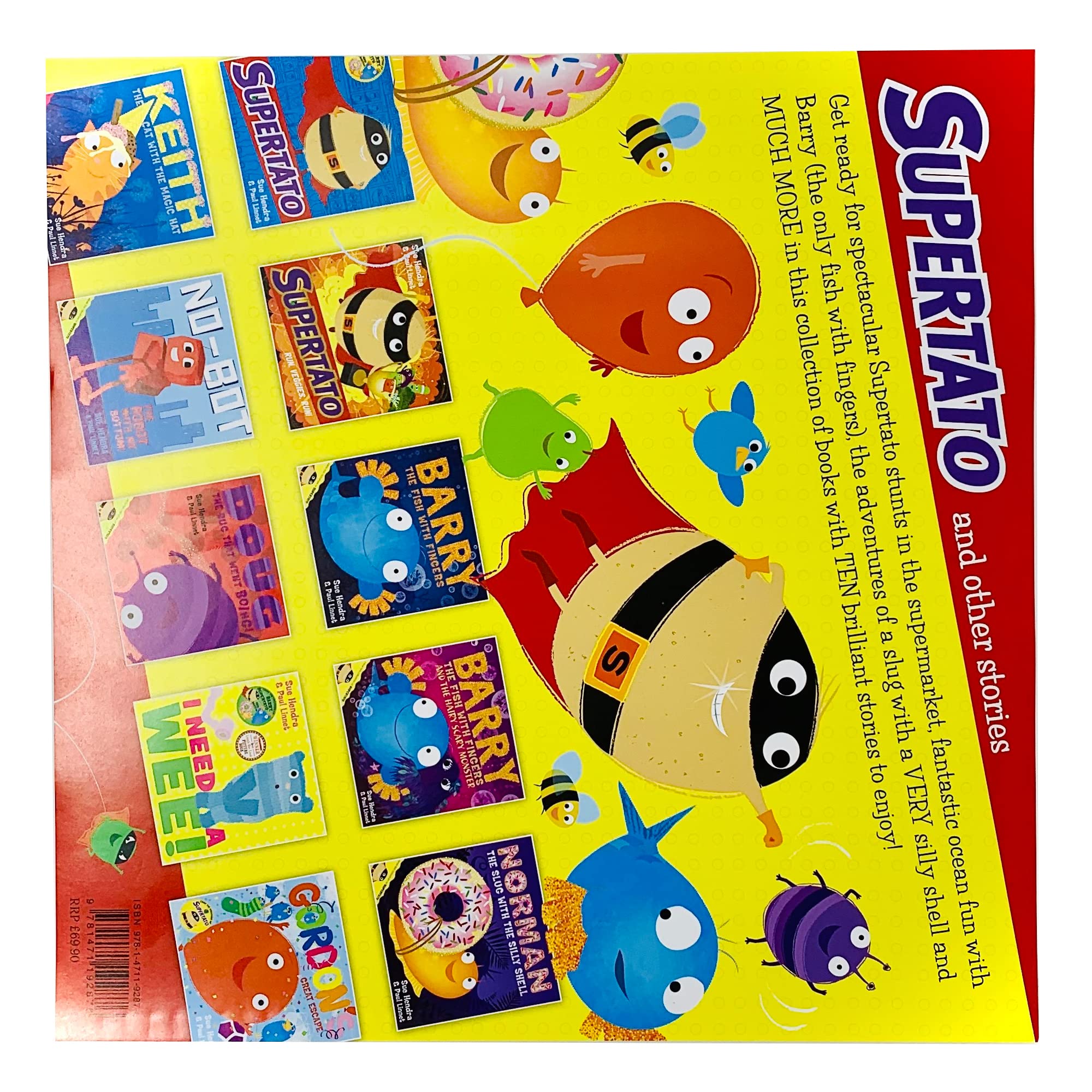Full 11-book Supertato collection set fanned out showing Barry the Fish with Fingers, Norman the Slug, and other paperback titles