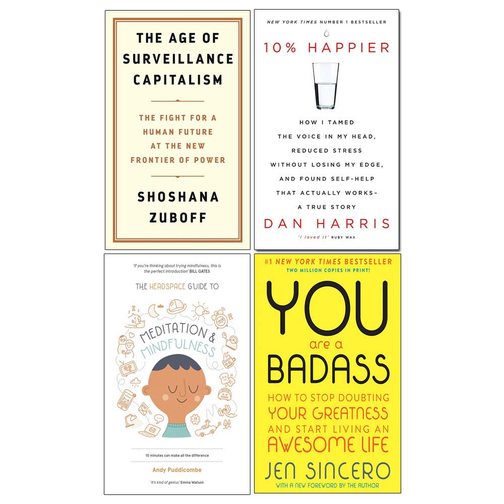 Front covers of the 4-book nonfiction paperback set: The Age of Surveillance Capitalism, 10% Happier, The Headspace Guide to Mindfulness & Meditation, and You Are a Badass