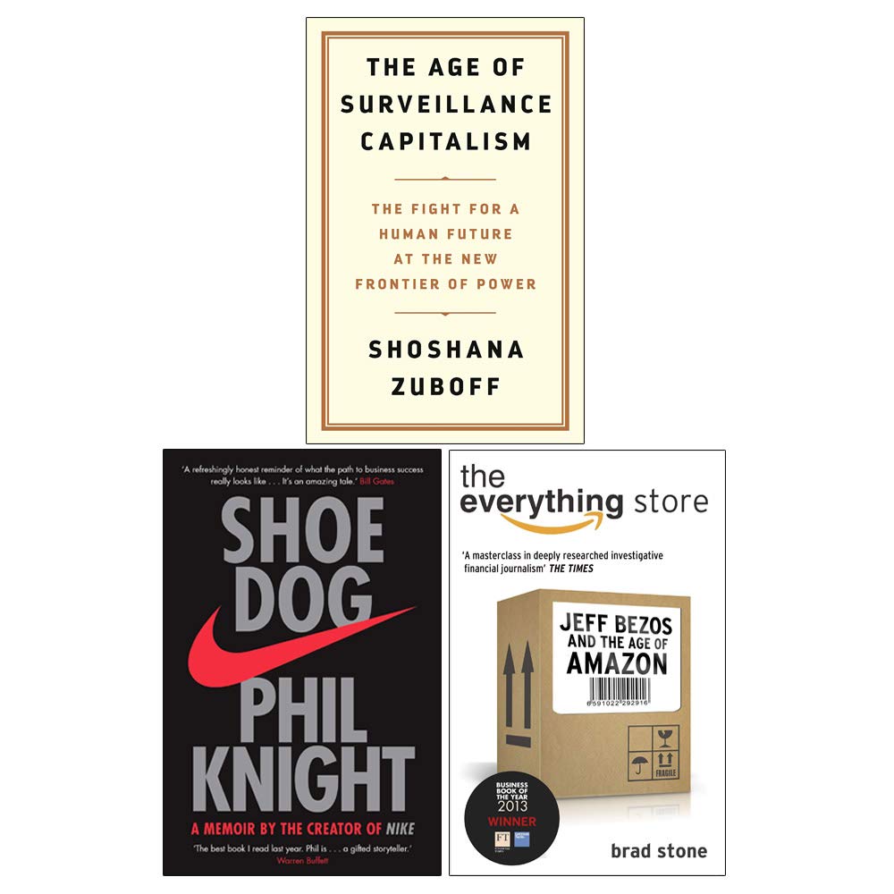 Front cover of the Surveillance Capitalism, Shoe Dog & The Everything Store 3-book paperback nonfiction set