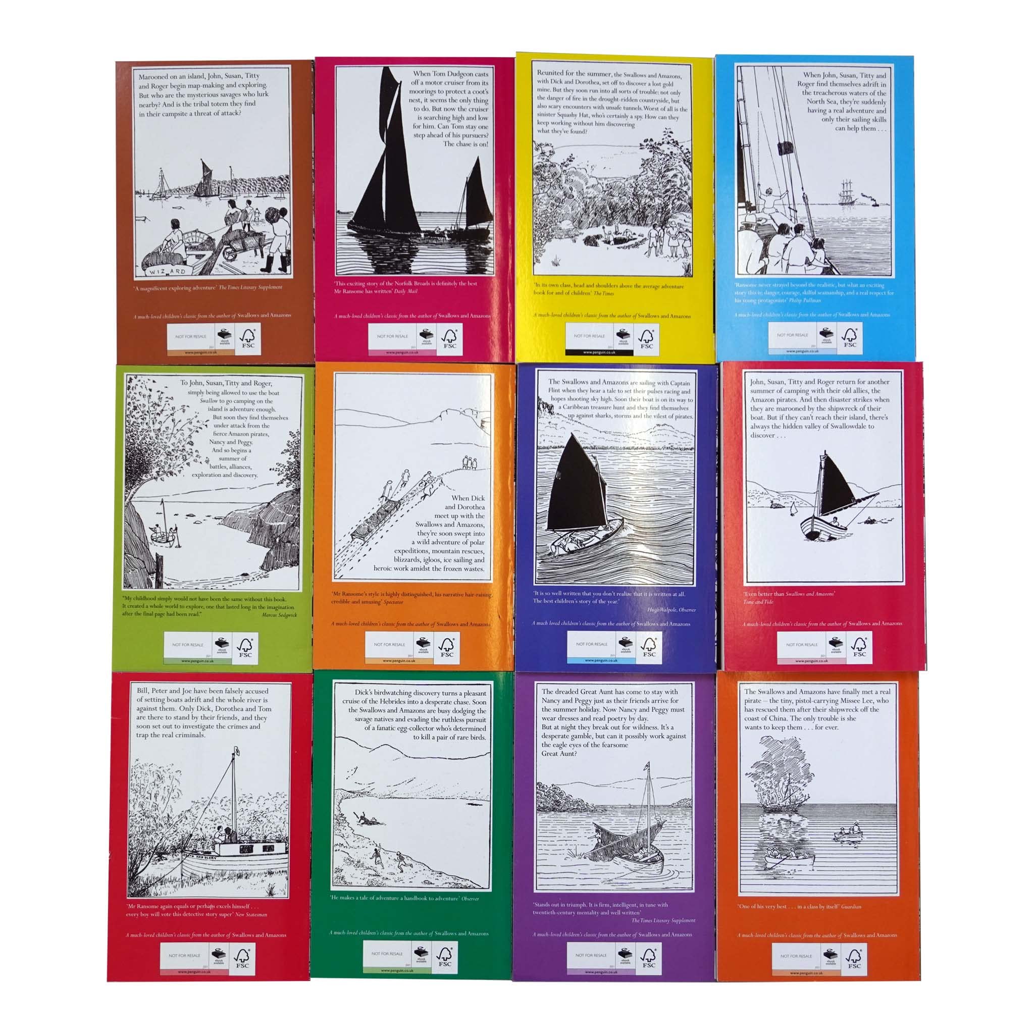 Swallows and Amazons 12 Books Collection Set - full set of paperback titles by Arthur Ransome fanned out