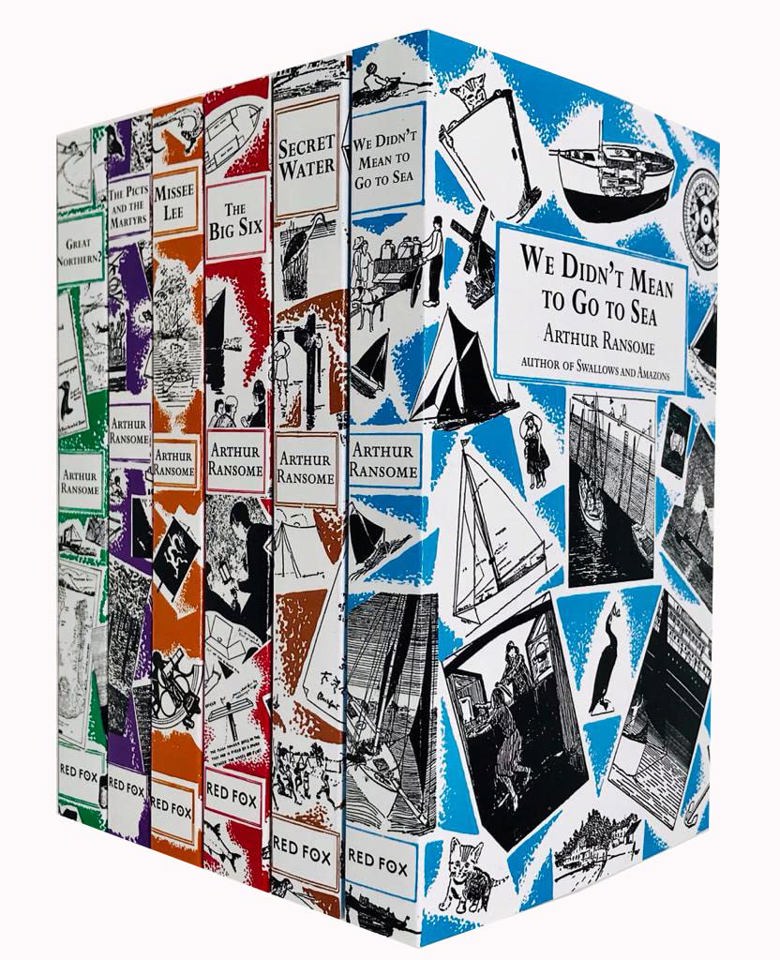 Front cover of the Swallows and Amazons Series Books 7-12 6-book paperback collection set by Arthur Ransome, featuring Great Northern?, Missee Lee, The Big Six, We Didn't Mean to Go to Sea, Secret Water, and The Picts and the Martyrs