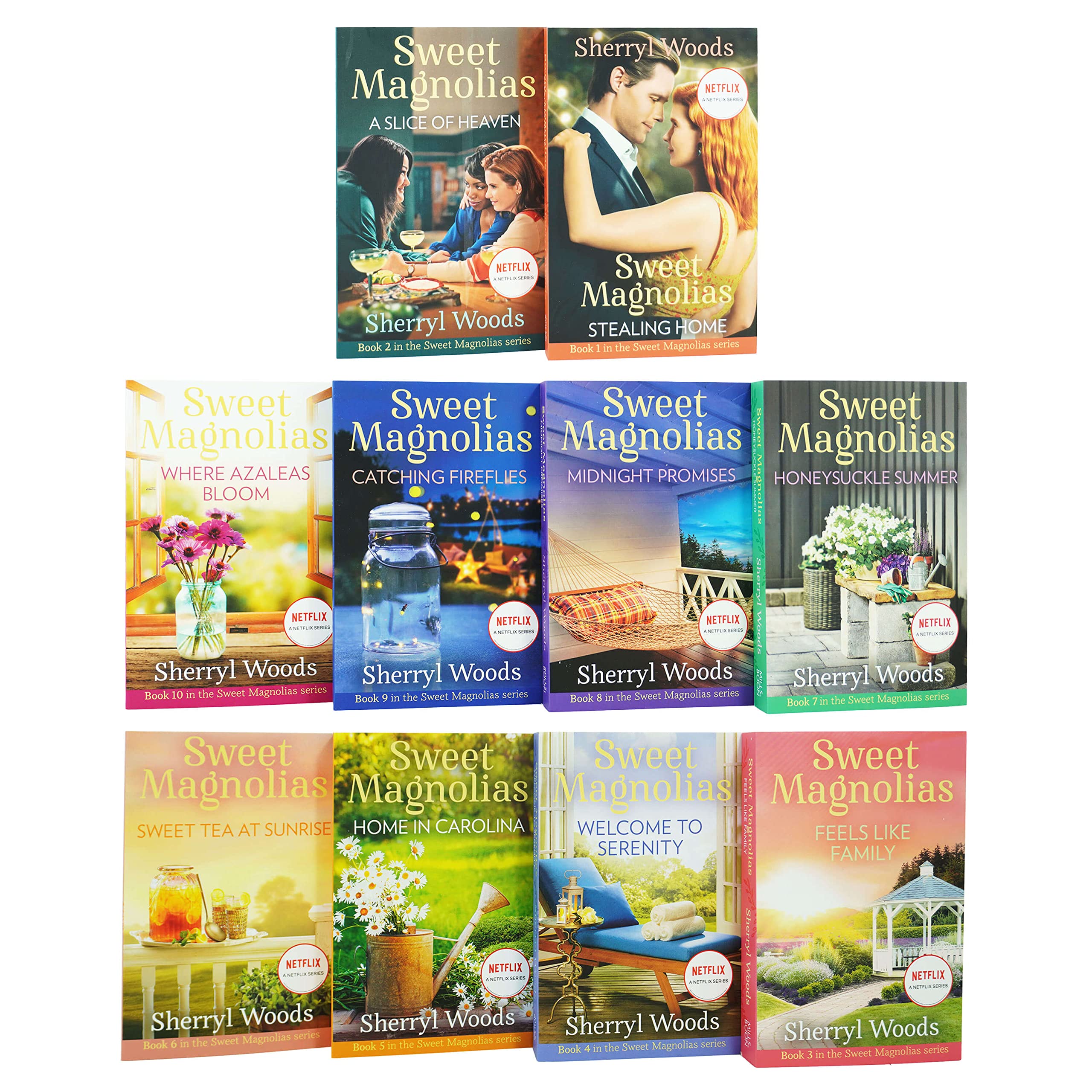 Close-up of colorful cover art and titles across the Sweet Magnolias 10-book paperback fiction set by Sherryl Woods.
