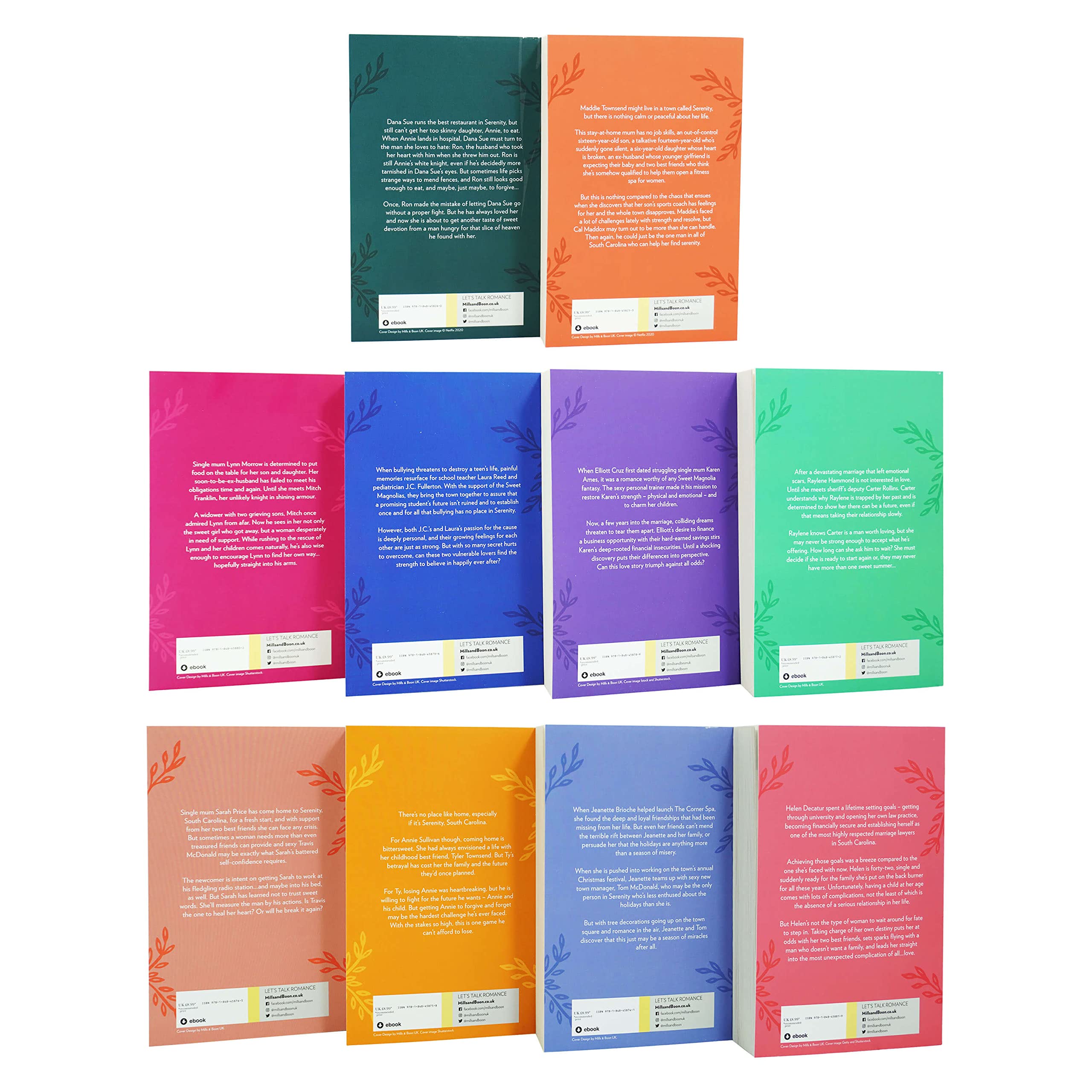 Side angle of the Sweet Magnolias paperback novels stacked together, showing spine titles from the 10-book set.