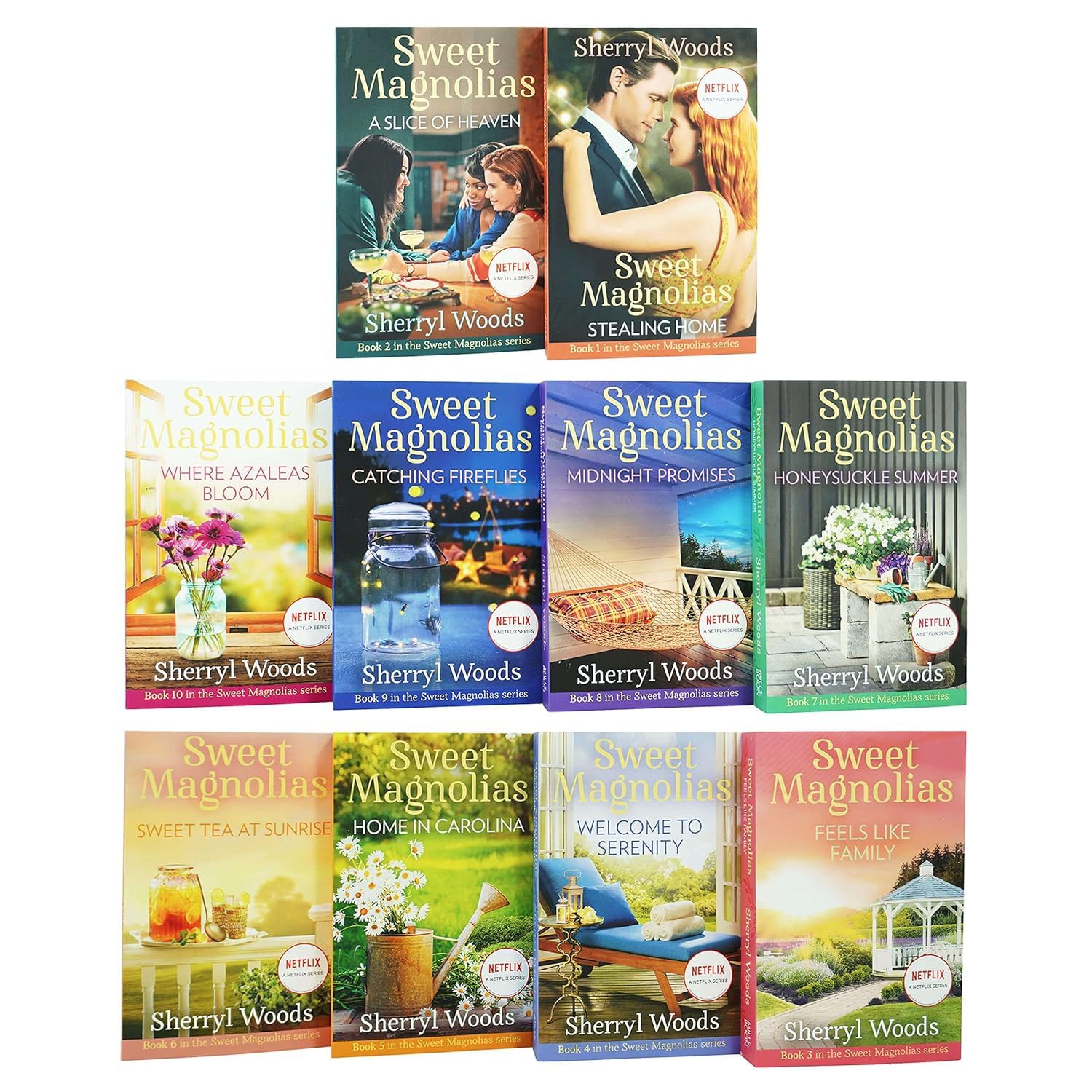 Sweet Magnolias 10 Books Collection Set by Sherryl Woods, front cover artwork, paperback fiction set