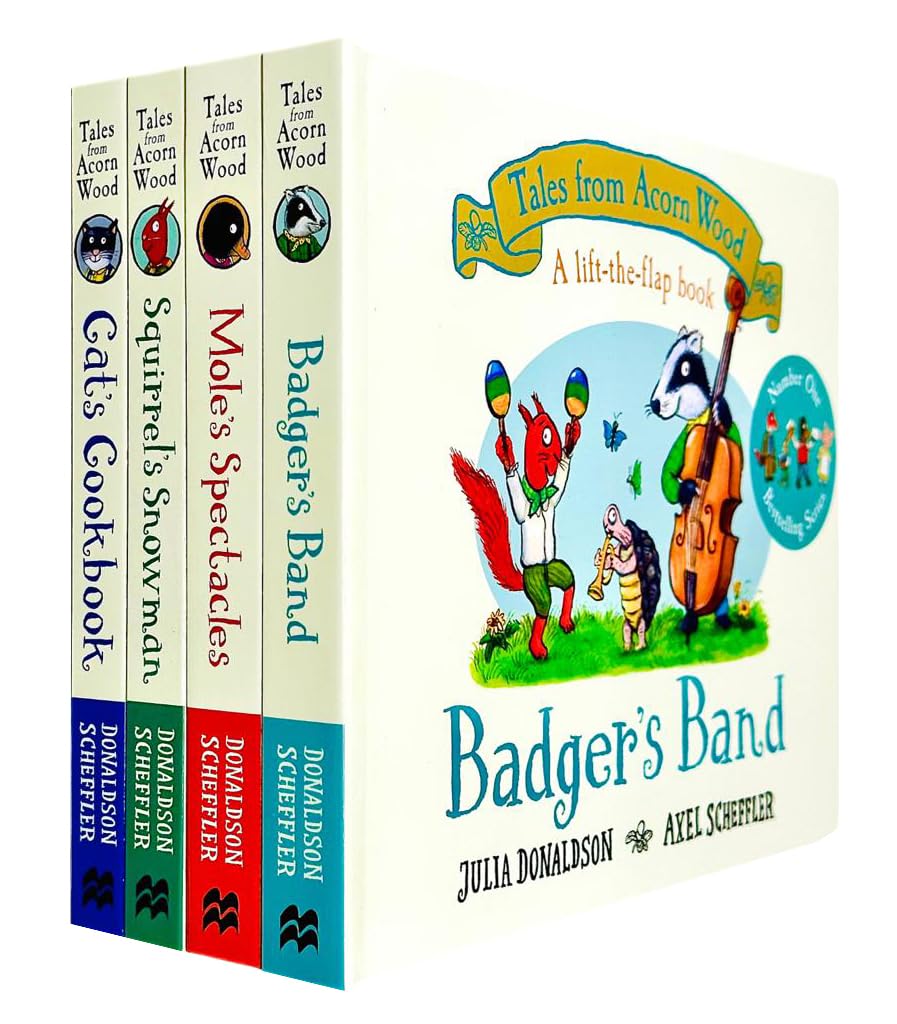 Tales From Acorn Wood board book set back cover showing Cat's Cookbook, Mole's Spectacles, Squirrel's Snowman, and Badger's Band