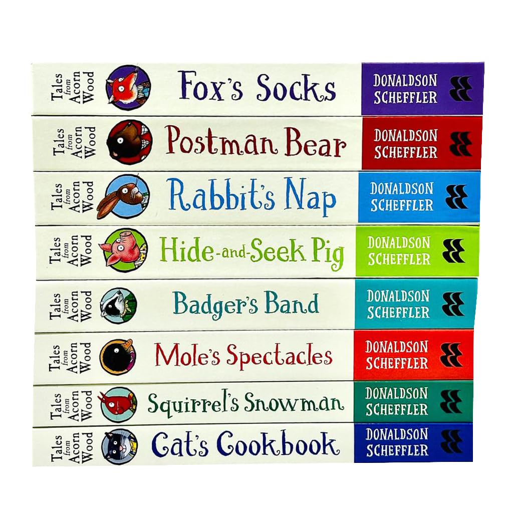All 8 Tales From Acorn Wood board books fanned out showing Fox's Socks, Hide-and-Seek Pig, Postman Bear, Rabbit's Nap, Cat's Cookbook, Squirrel's Snowman, Mole's Spectacles, and Badger's Band