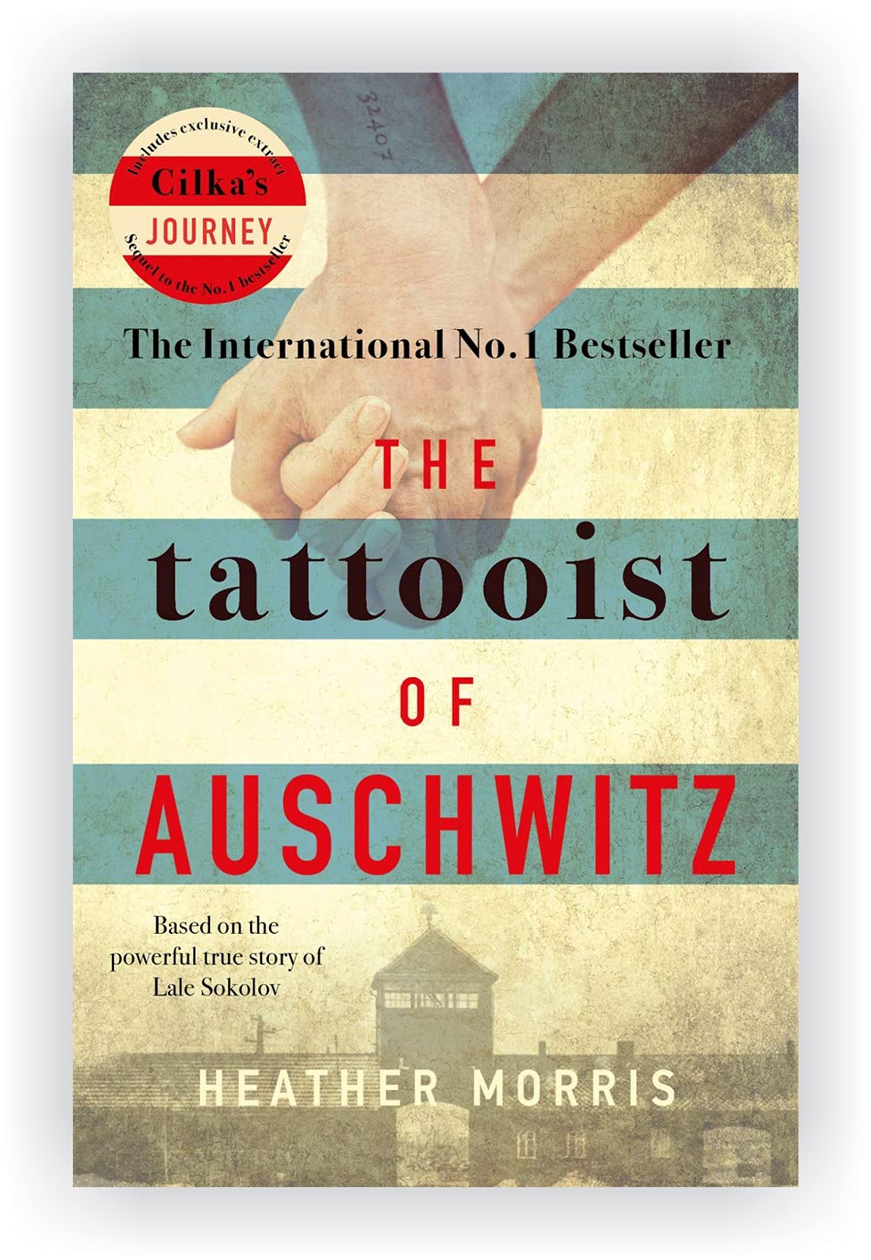 Close-up of the paperback covers for The Tattooist of Auschwitz, Cilka's Journey, and Three Sisters by Heather Morris.