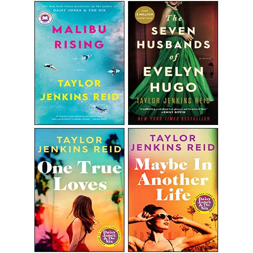 Taylor Jenkins Reid 4 Books Collection Set paperback front cover, featuring The Seven Husbands of Evelyn Hugo, Malibu Rising, Maybe in Another Life, and One True Loves