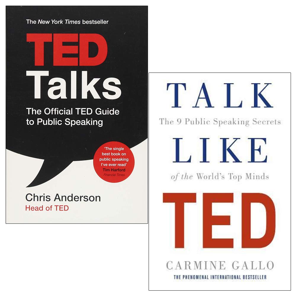 TED Talks and Talk Like TED 2 Books Collection Set front covers, paperback public speaking guides by Chris Anderson and Carmine Gallo
