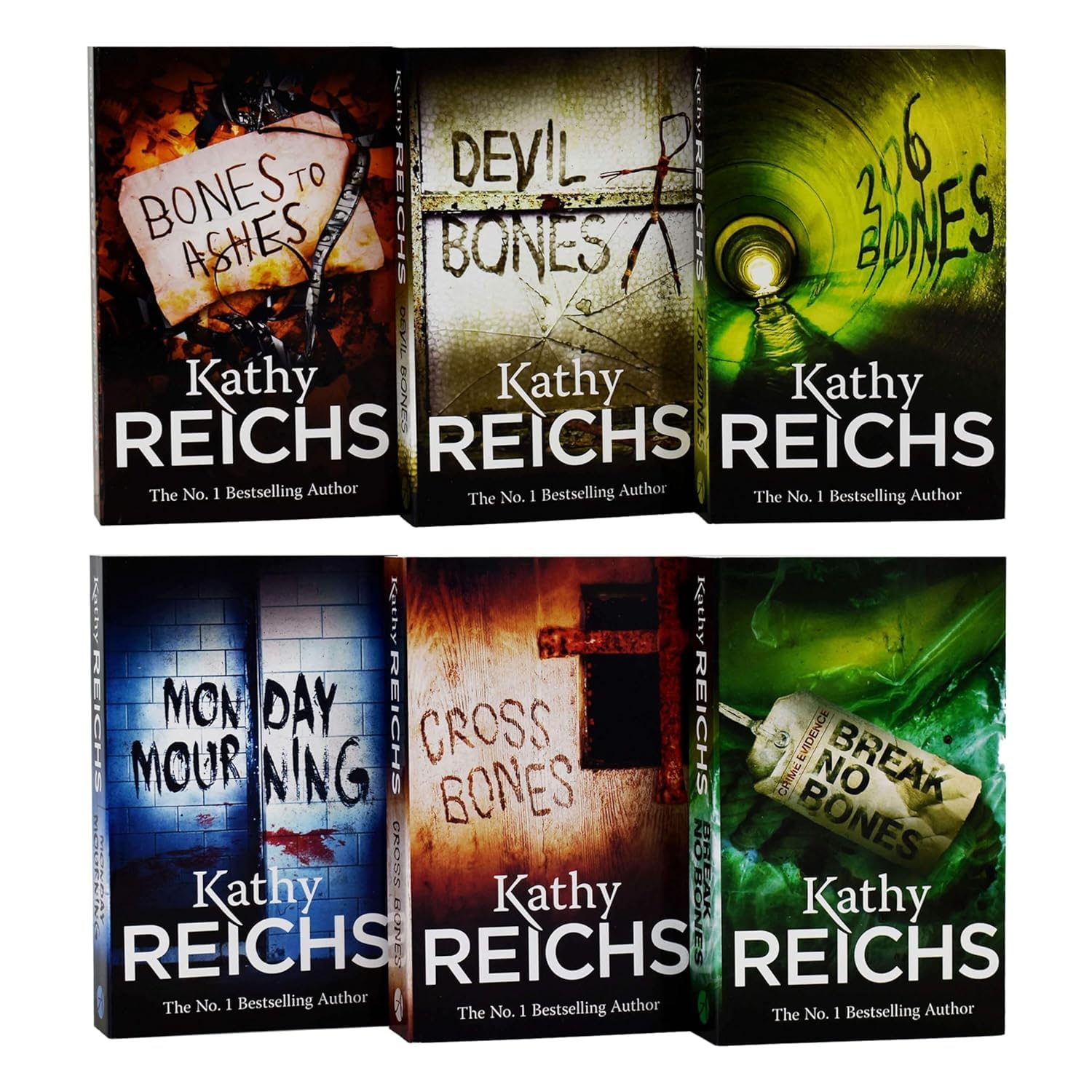 Close-up of individual Temperance Brennan paperback novels by Kathy Reichs showing back cover and spine detail