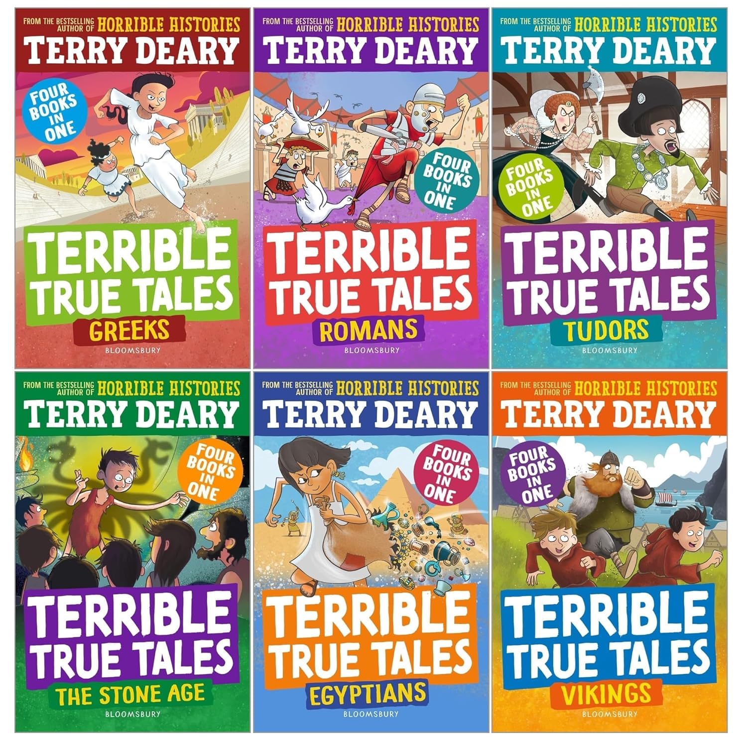 Front cover of the Terrible True Tales 6 Books Collection Set by Terry Deary, paperback, showing all six titles bundled together