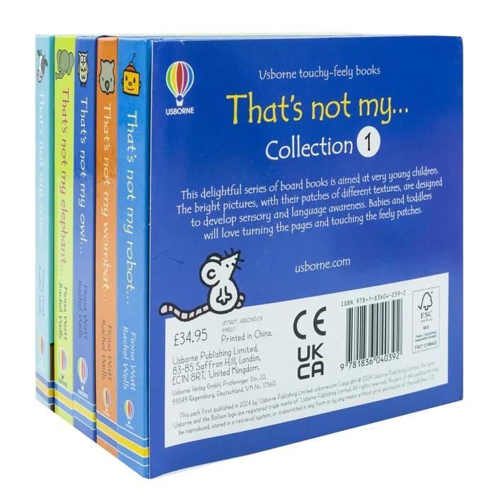 That's Not My Collection 1 board book set fanned out showing all five titles: Robot, Wombat, Owl, Elephant, and Cow