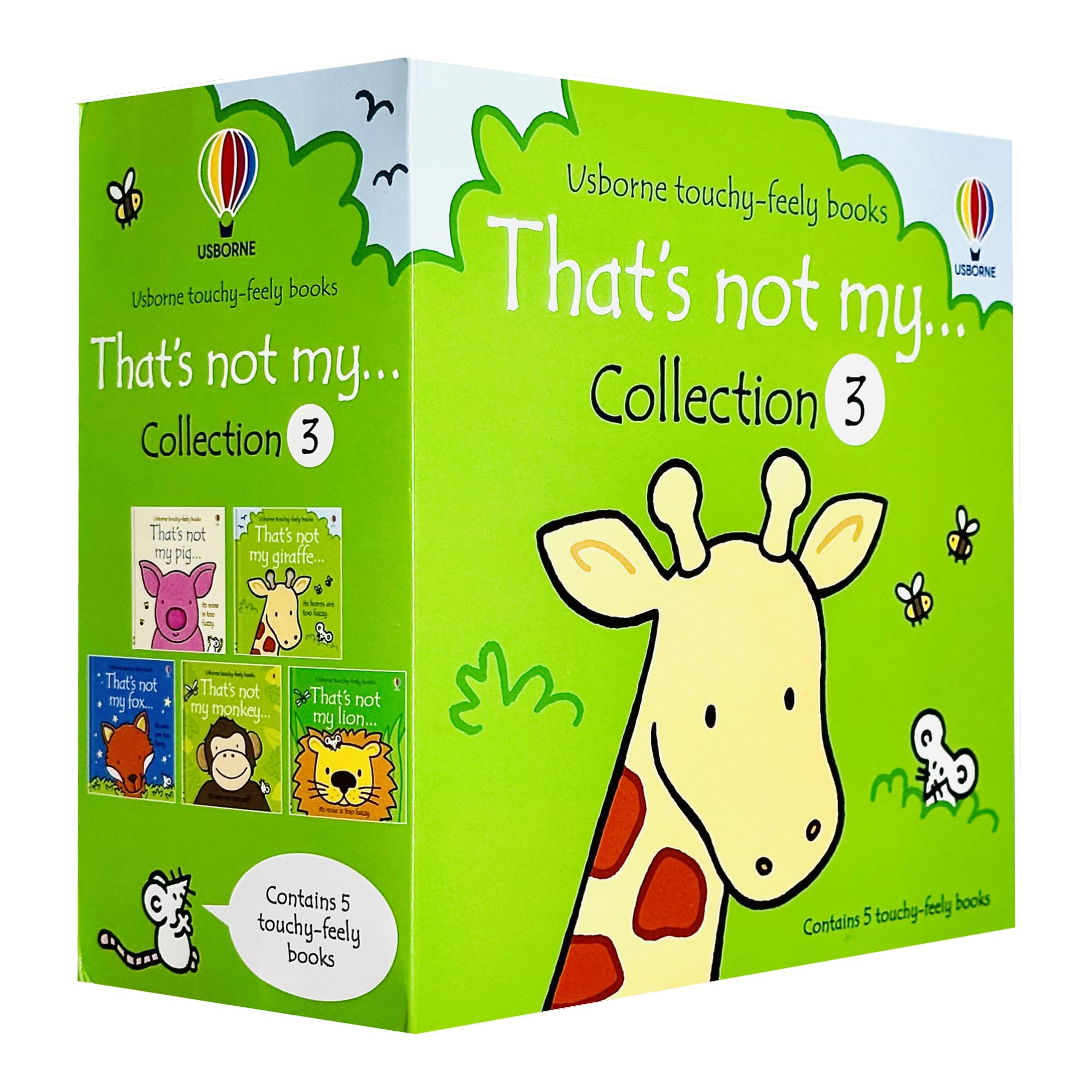 All five That's Not My touchy-feely board books fanned out showing Fox, Giraffe, Lion, Piglet, and Monkey covers