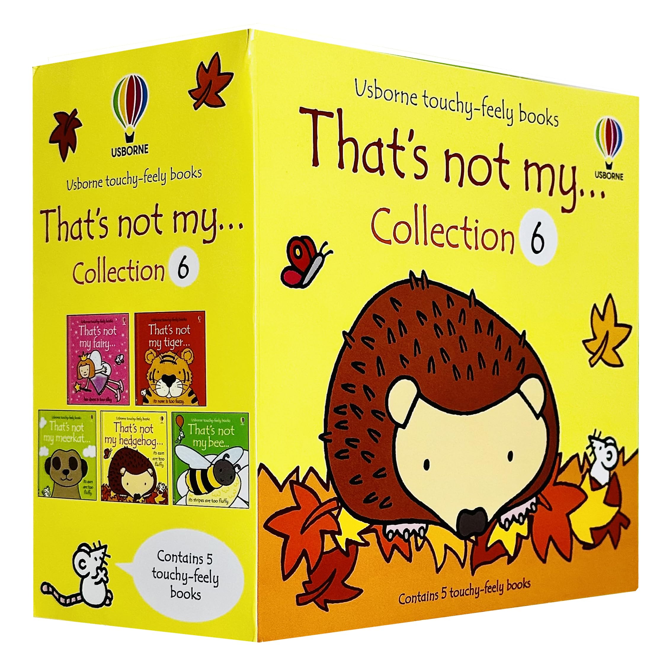 That's Not My Bee, Fairy, Hedgehog, Meerkat and Tiger board books fanned out showing textured covers
