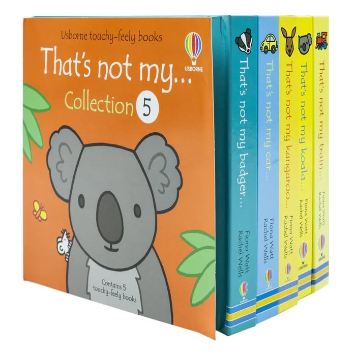 That's Not My Train, Koala, Kangaroo, Car and Badger board books fanned out showing textured touch-and-feel covers