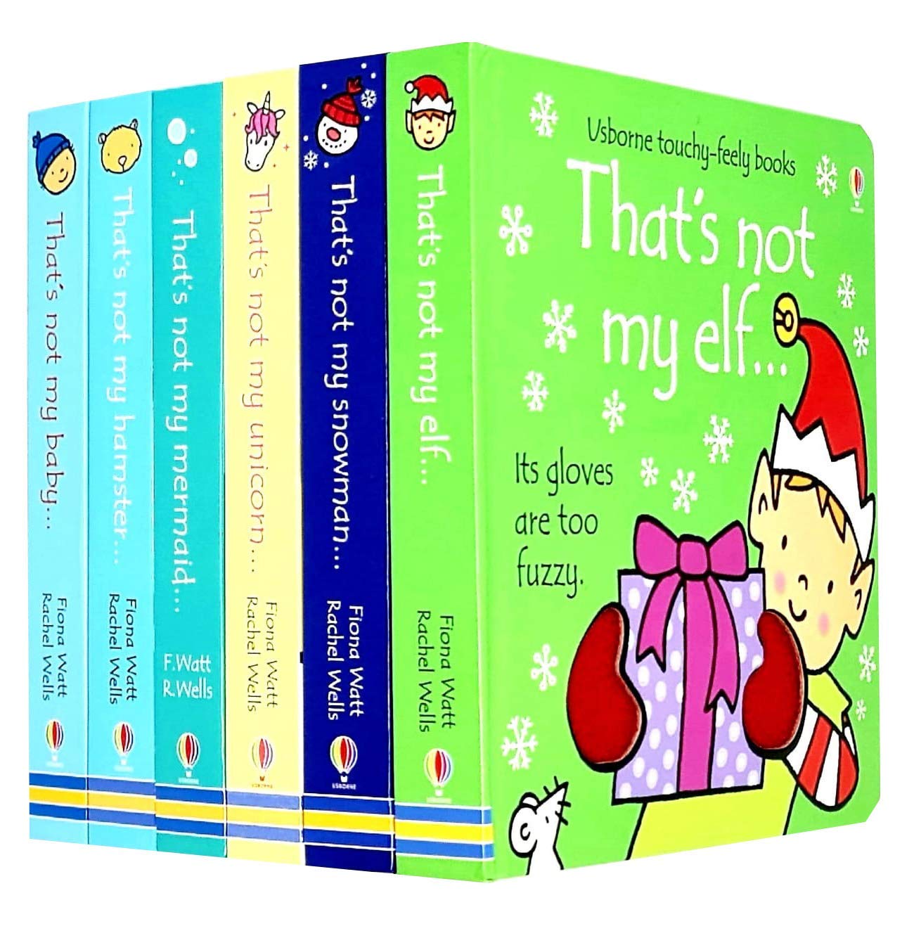That's Not My... Touchy-Feely Series 5 6 Books Collection Set by Fiona Watt - front cover box set of Elf, Snowman, Unicorn, Mermaid, Hamster, and Baby board books