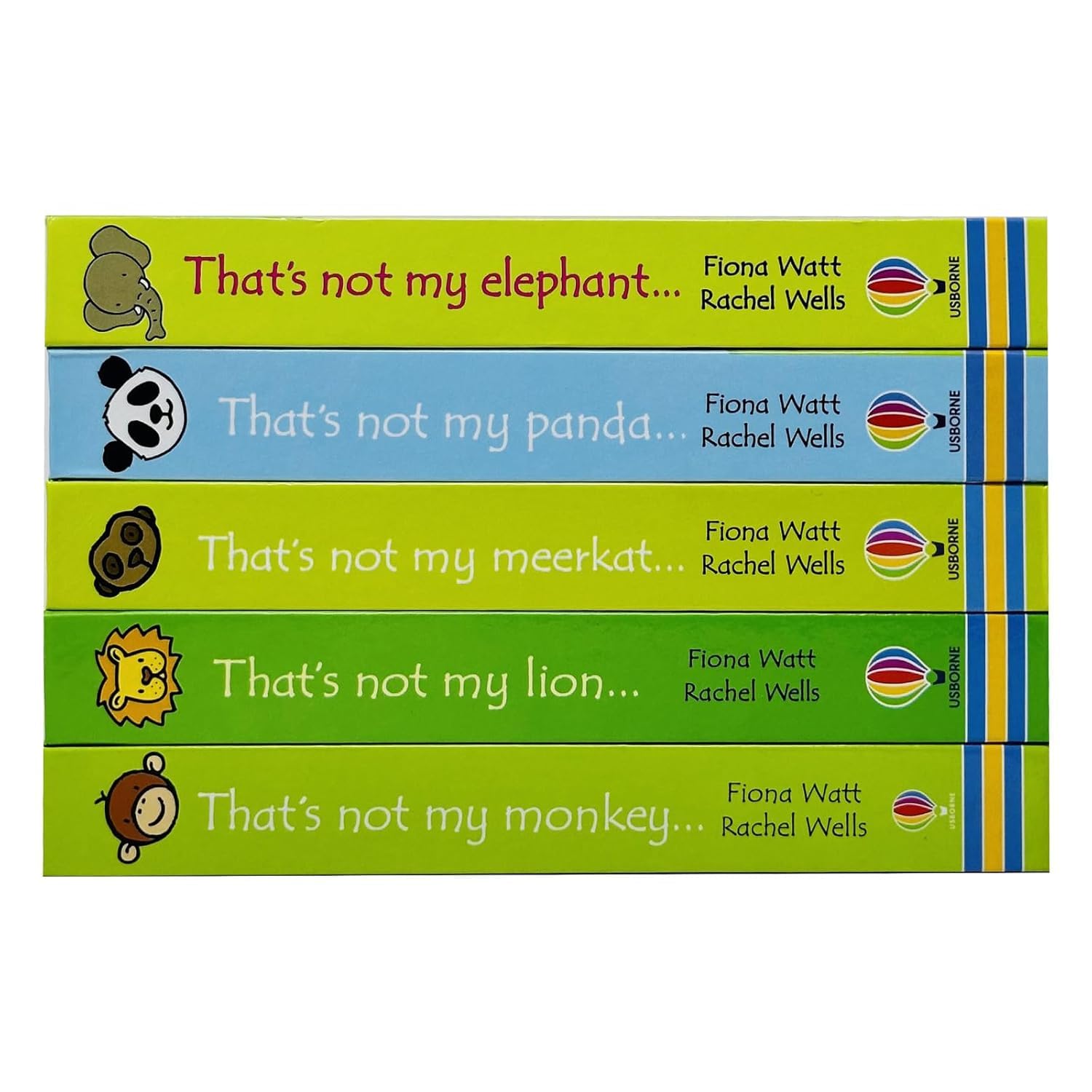 All five That's Not My Zoo board books - Lion, Elephant, Monkey, Panda and Meerkat - fanned out to show covers
