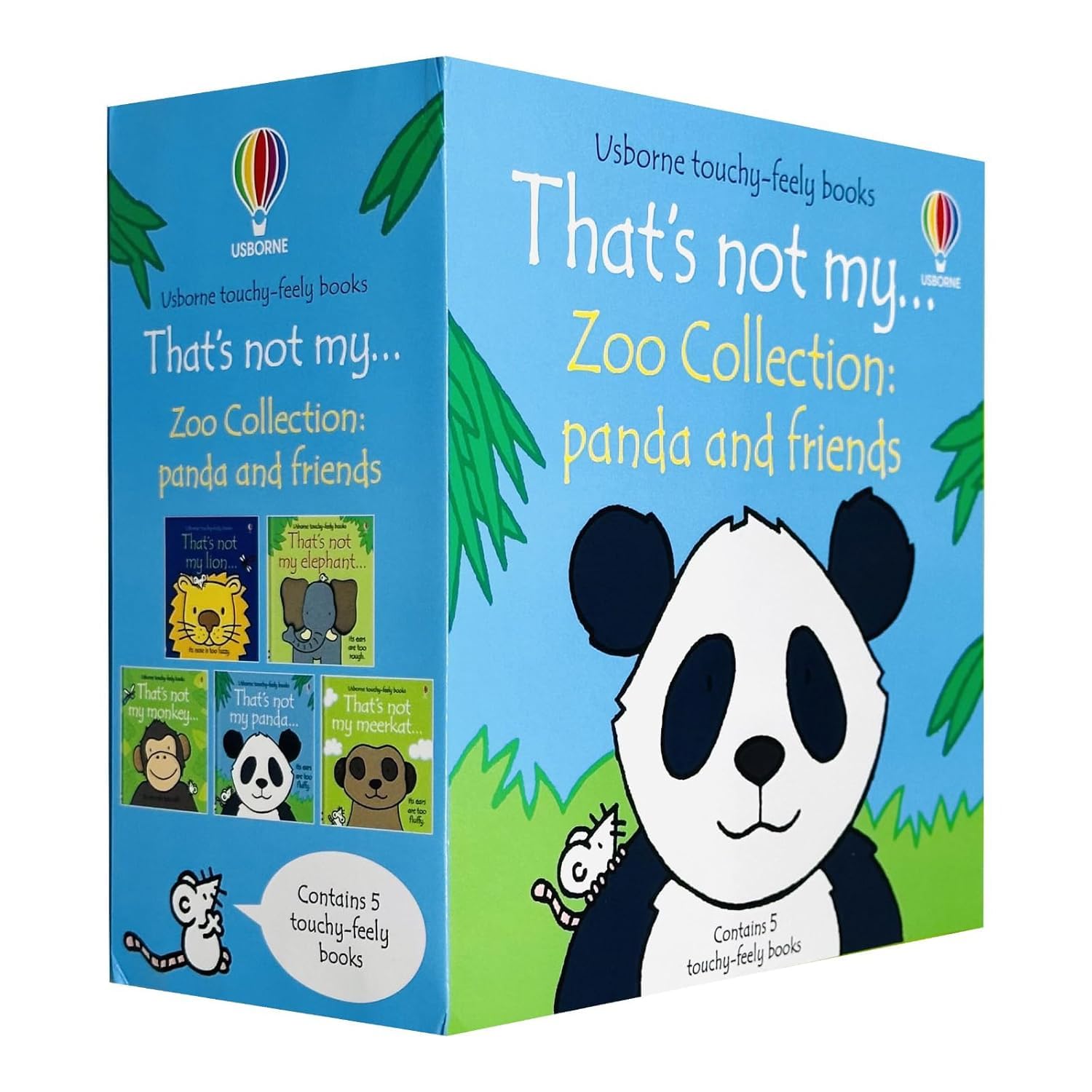 Back of the That's Not My Zoo board book box set showing set contents and age range for ages 0-3