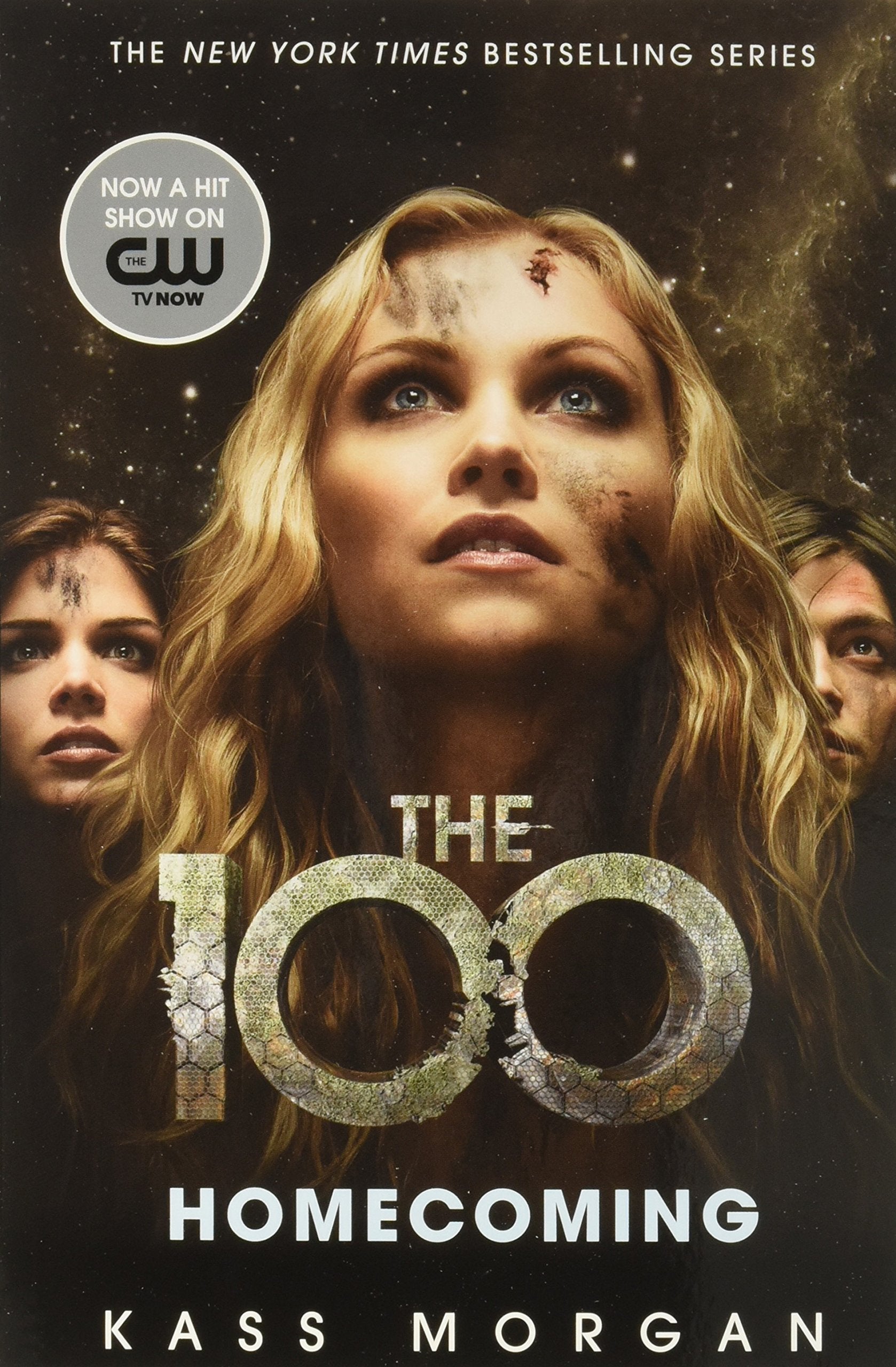 Close-up of the four paperback books in The 100 series by Kass Morgan, highlighting the CW show tie-in artwork.