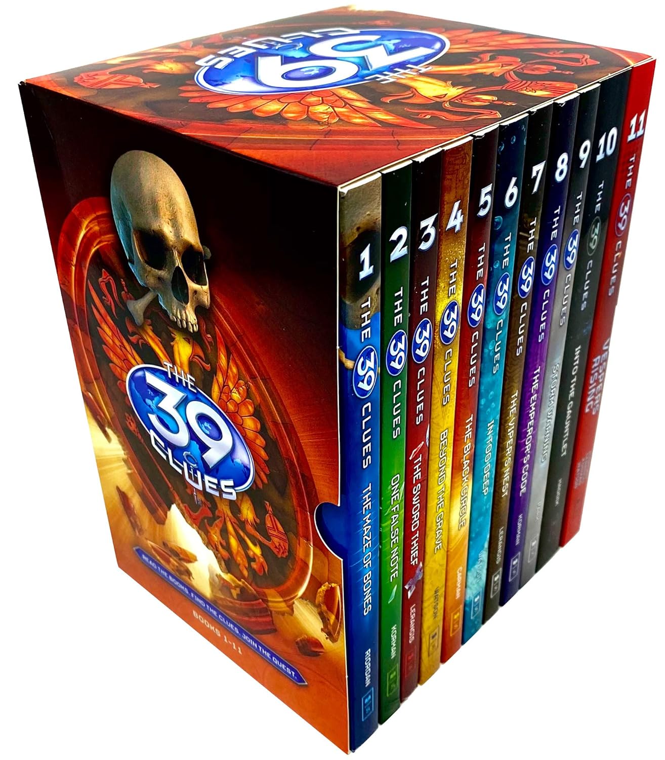 All 11 paperback covers of The 39 Clues series fanned out, showing colorful mystery adventure artwork from Scholastic.