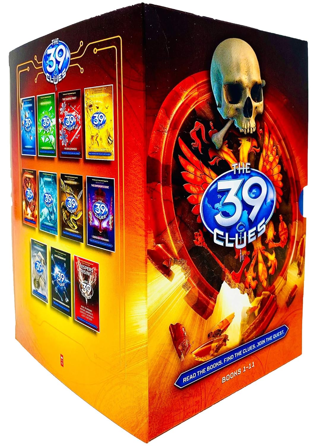 Close-up of The 39 Clues paperback spines and titles, including The Maze of Bones and Vespers Rising, Scholastic edition.