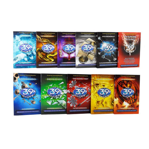 Alternate angle of The 39 Clues paperback box set displaying the complete run of titles by Rick Riordan and other authors.