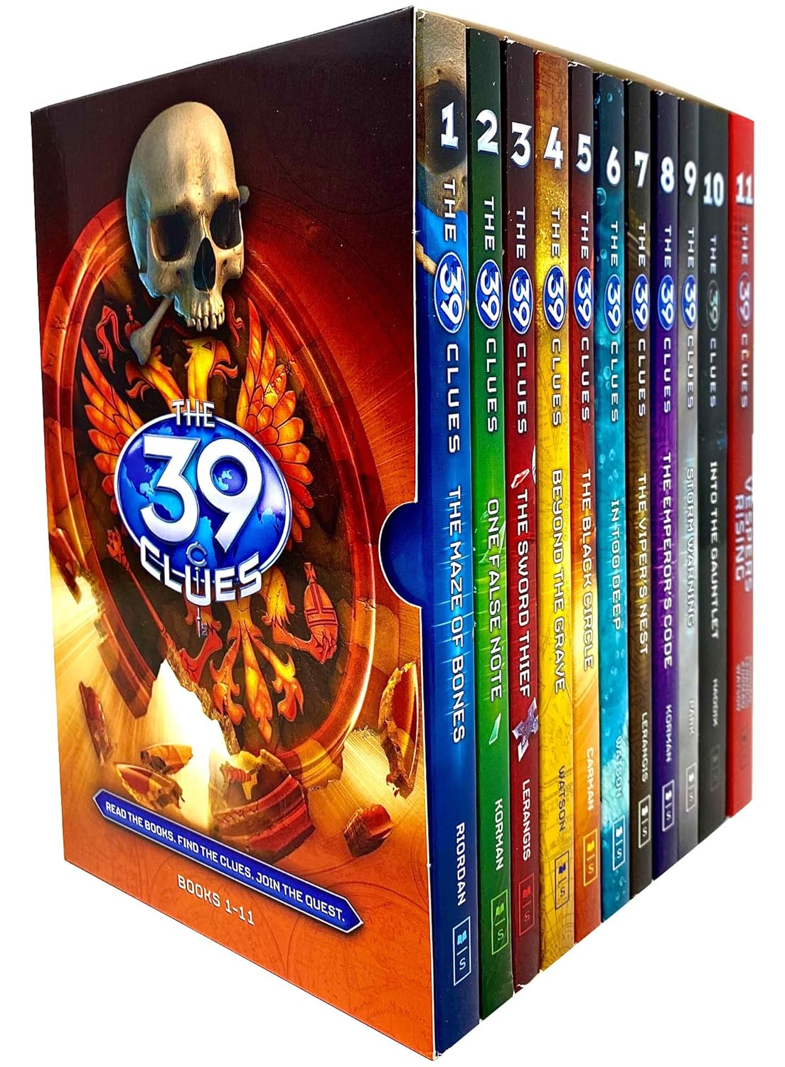 Front cover view of The 39 Clues 11-book paperback box set by Rick Riordan and various authors, Scholastic young readers collection.