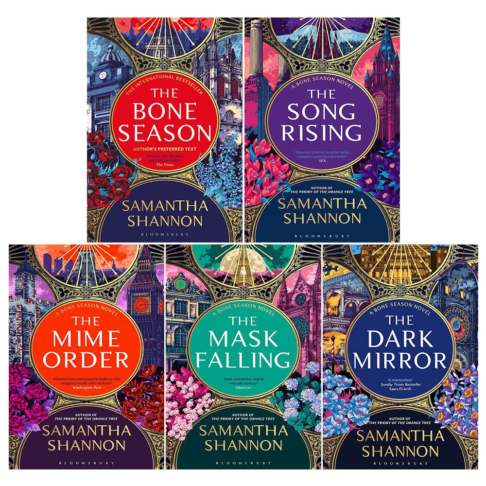 front covers of all five paperback books in The Bone Season series box set by Samantha Shannon