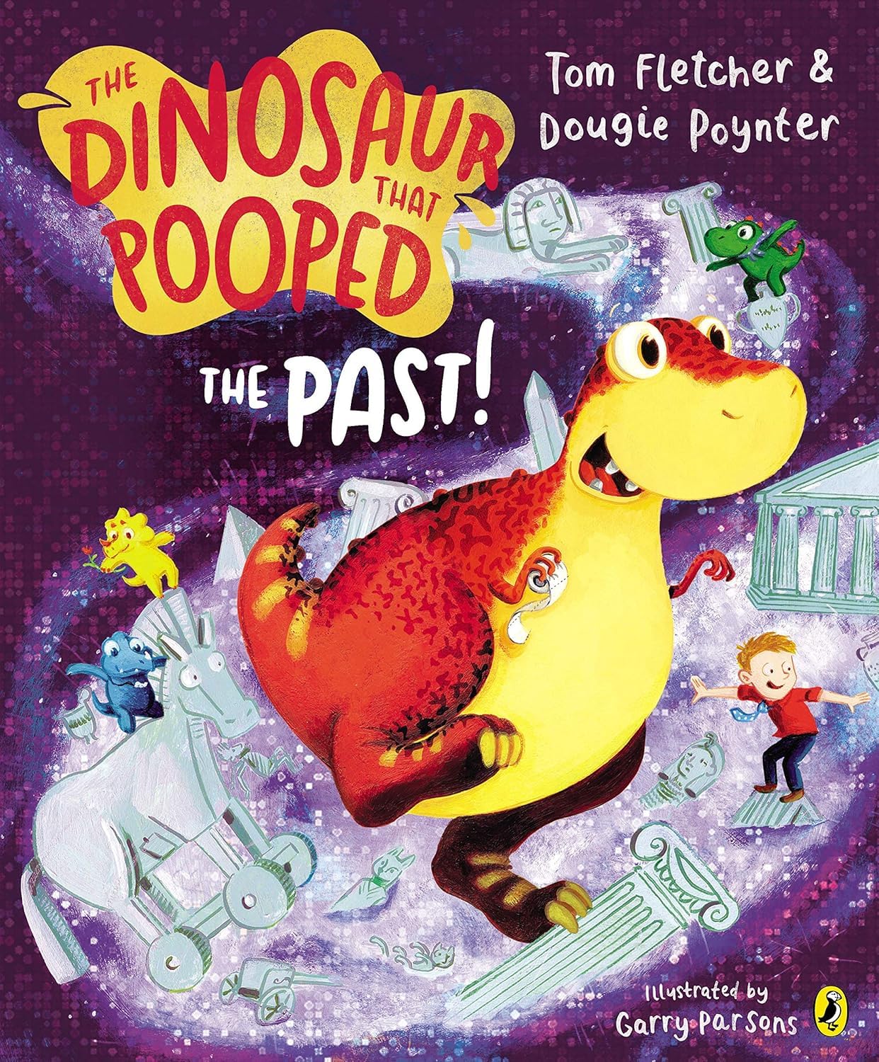 Close-up of The Dinosaur That Pooped a Pirate and The Dinosaur That Pooped Christmas paperback covers