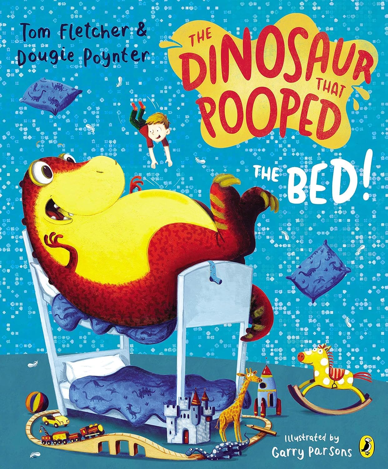 Stacked paperback spines of the 7-book Dinosaur That Pooped collection by Tom Fletcher for ages 3-7