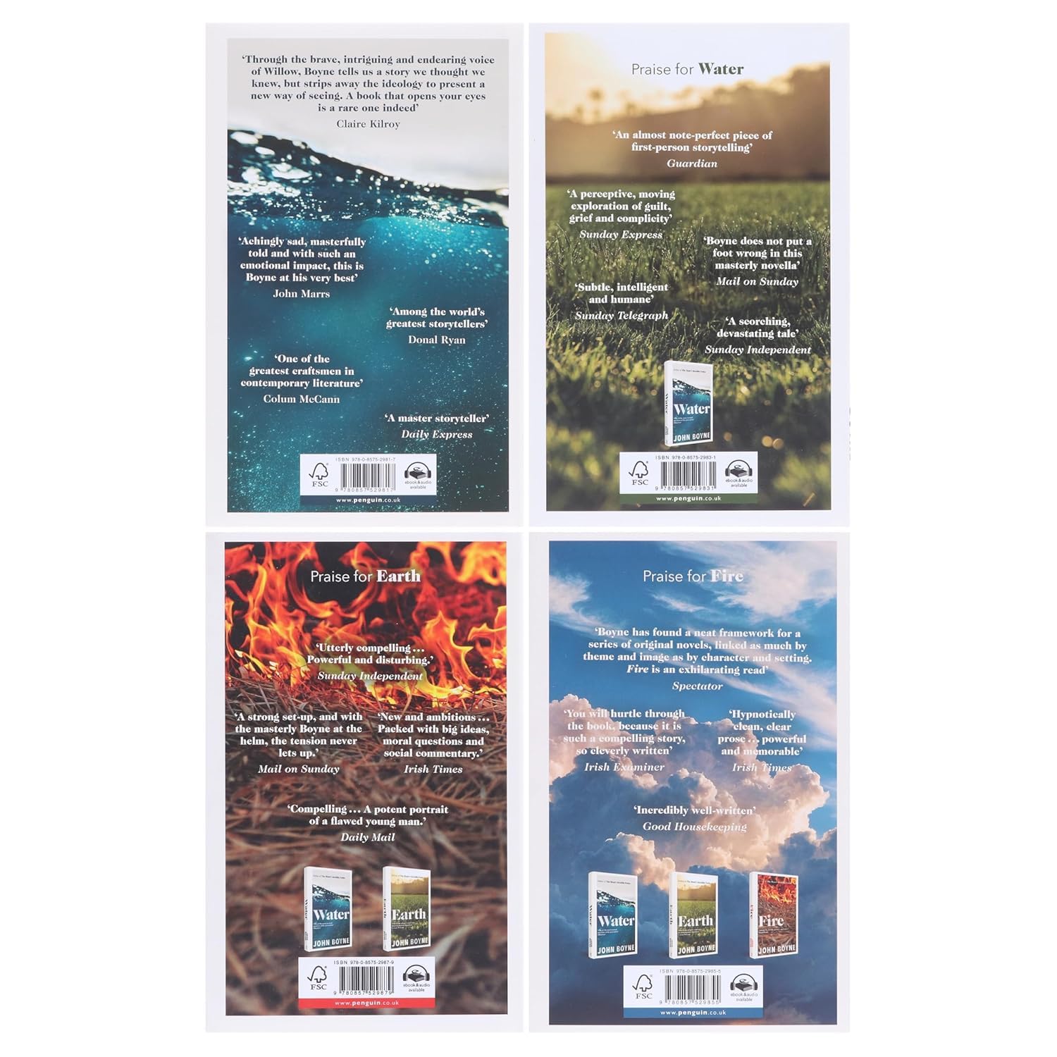 The Elements by John Boyne - Water, Earth, Fire, Air hardback books fanned out together
