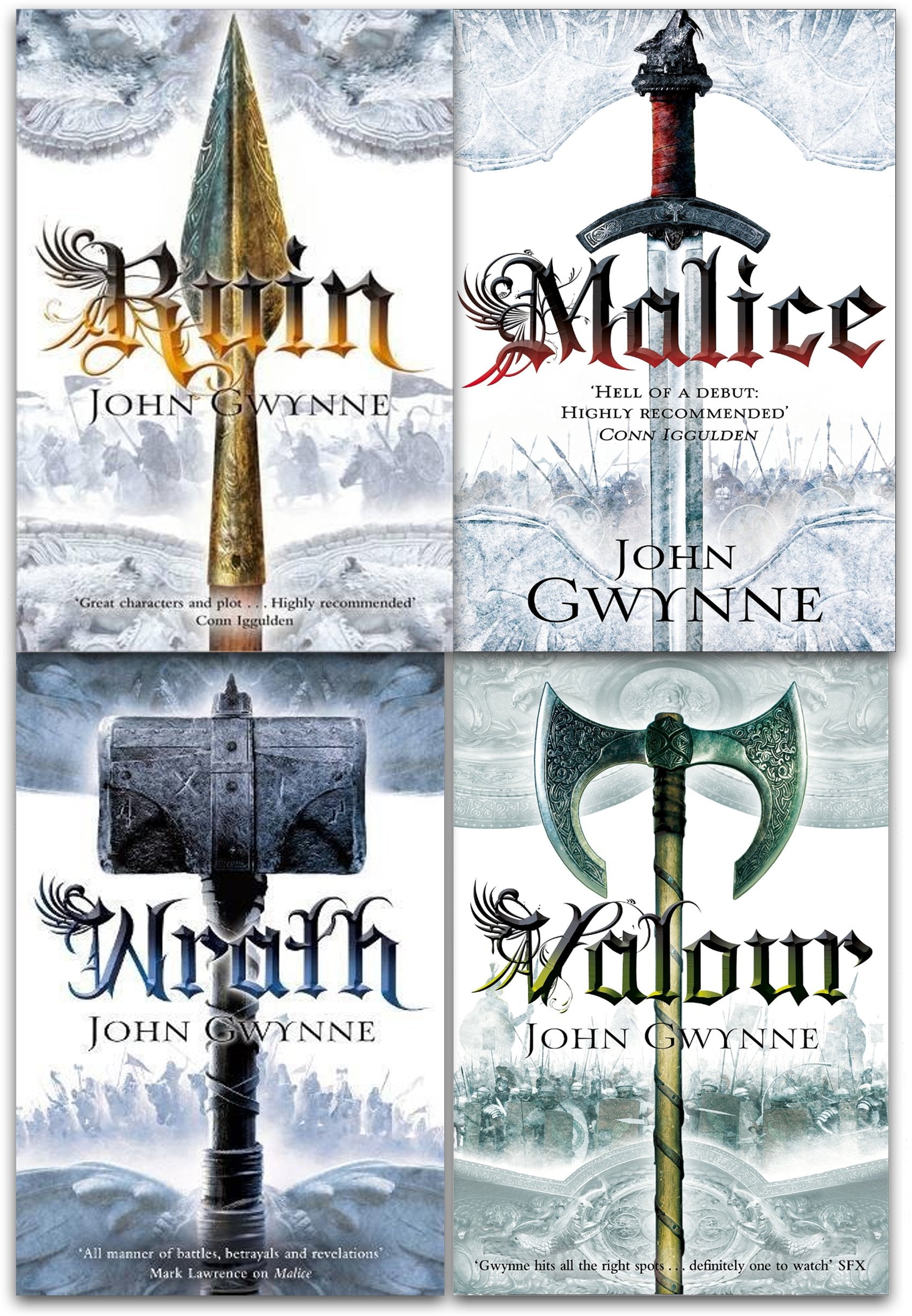 Close-up of The Faithful and the Fallen paperback set by John Gwynne showing spines and back cover synopsis