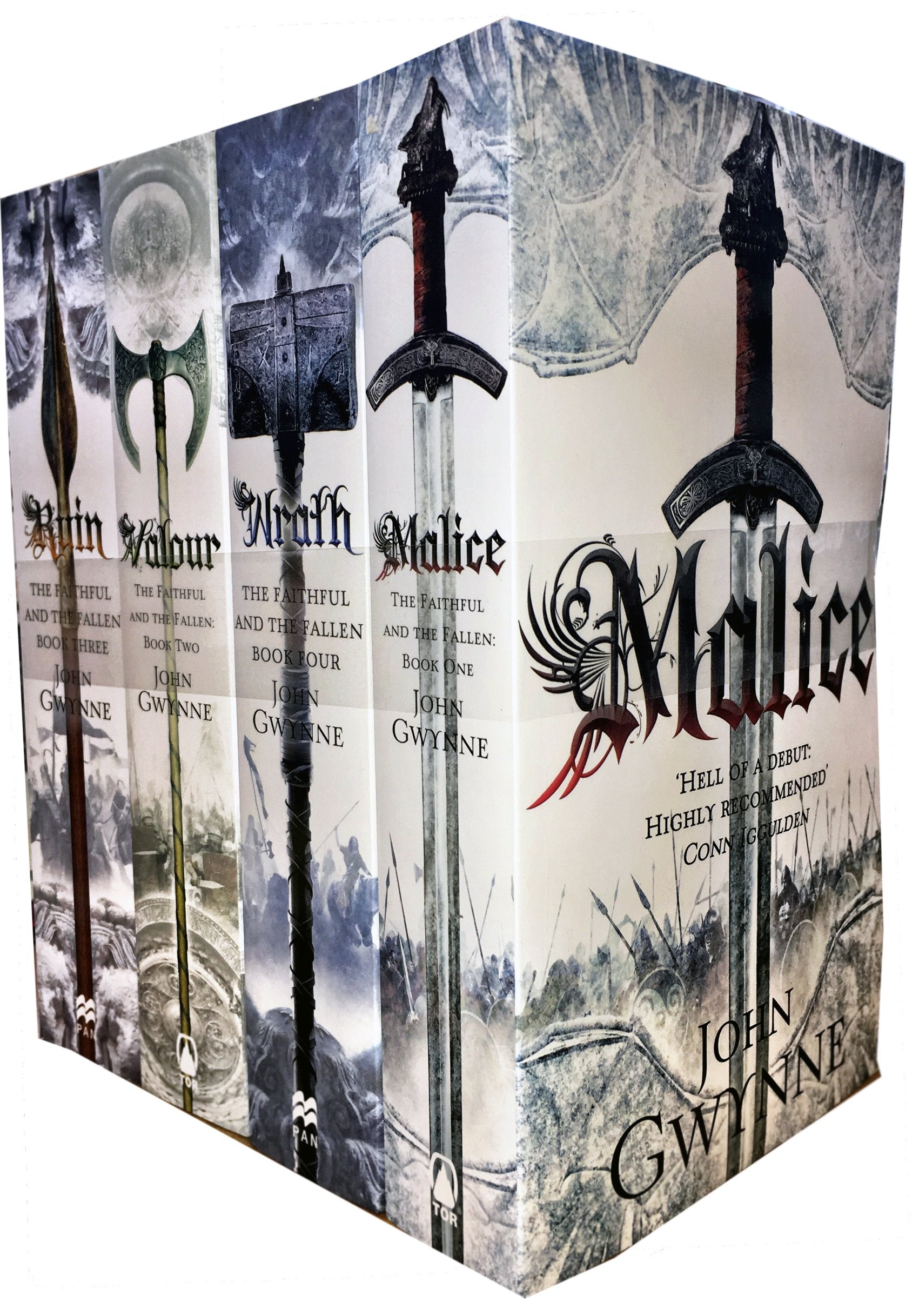 The Faithful and the Fallen 4 Books Collection Set by John Gwynne - front covers of Malice, Valour, Ruin, and Wrath paperbacks