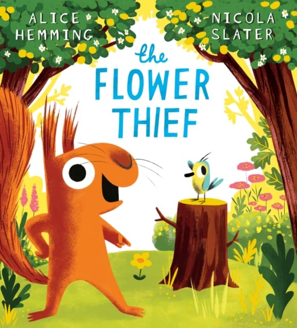 Close-up of The Leaf Thief paperback cover illustration by Nicola Slater featuring Squirrel and Bird