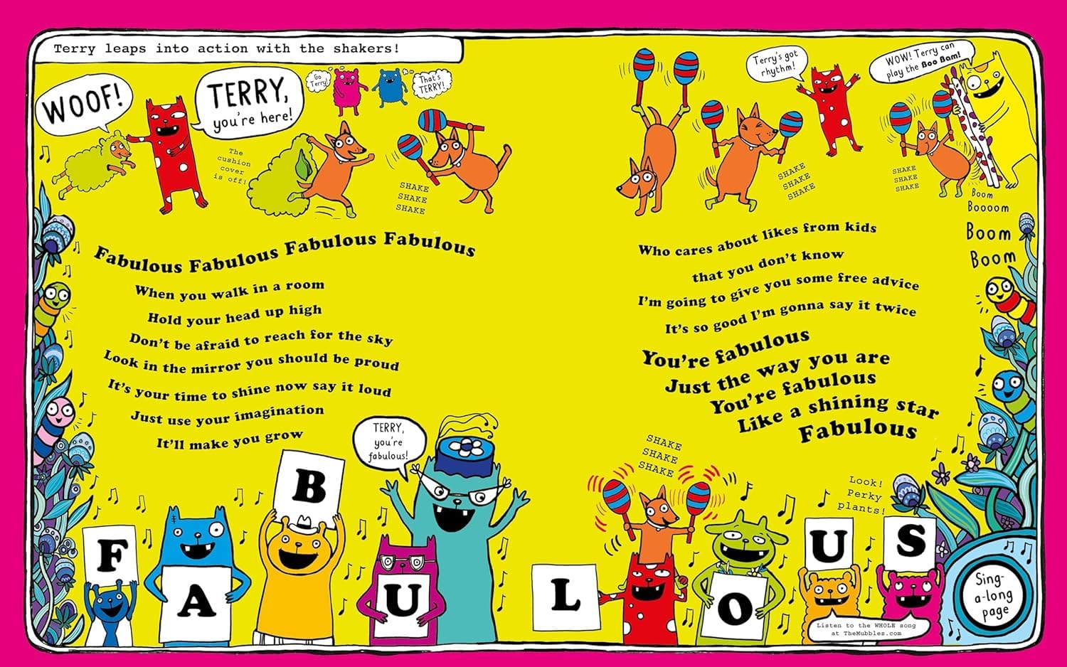 Inside page spread from a Mubbles graphic novel by Liz Pichon showing colorful comic-style illustrations