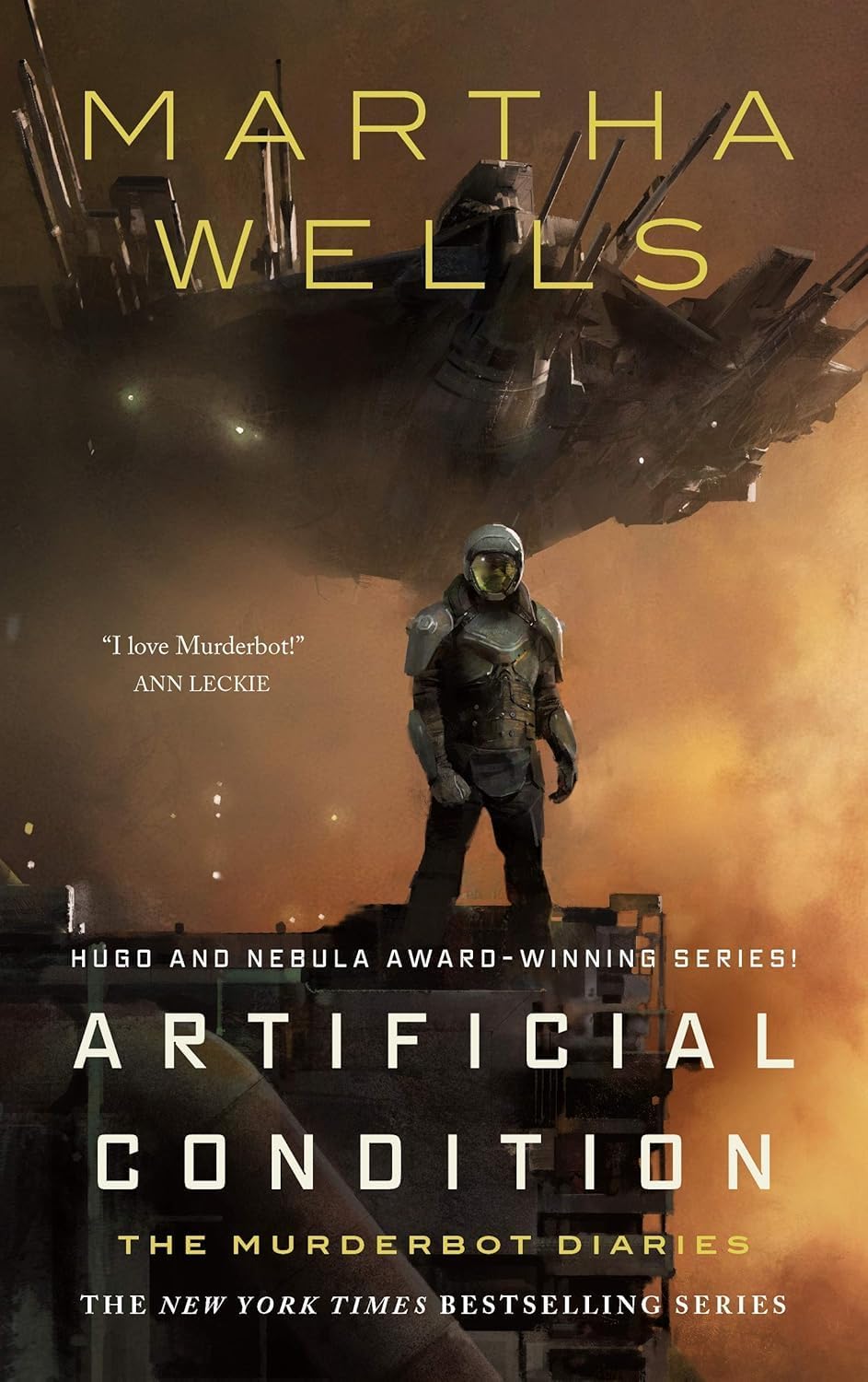 All five Murderbot Diaries paperback books fanned out showing spines and covers
