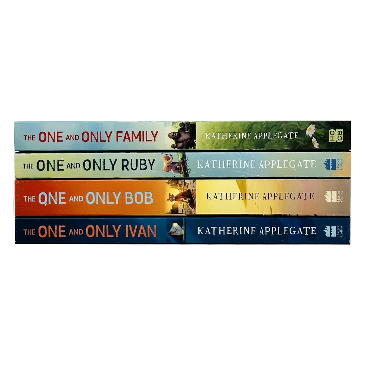 The four paperback books of The One and Only series by Katherine Applegate fanned out, showing spines and cover art for Ivan, Bob, Ruby, and Family.