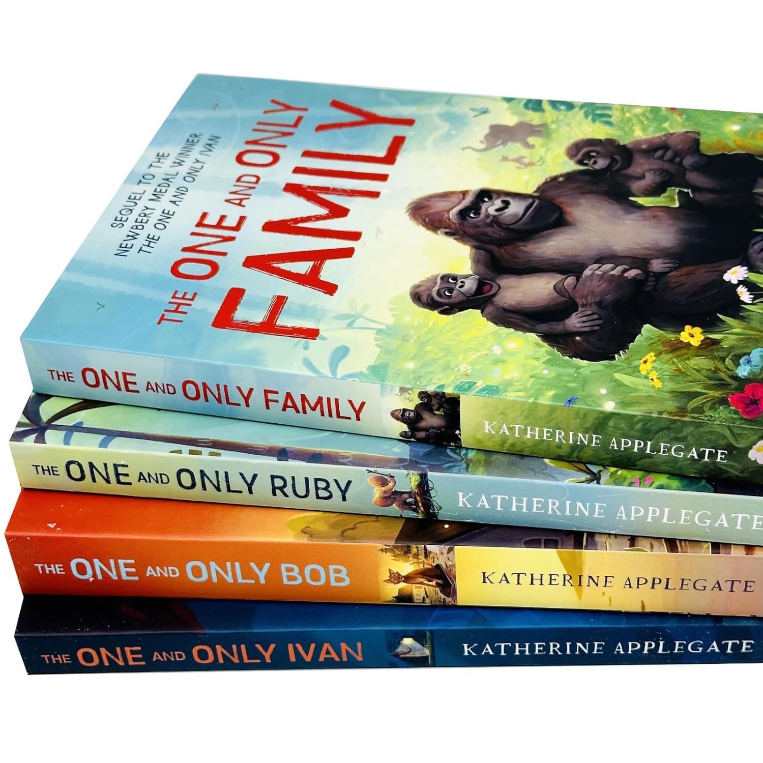 Angled stacked view of The One and Only 4-book collection set paperback books by Katherine Applegate, ideal for middle-grade readers ages 8-12.