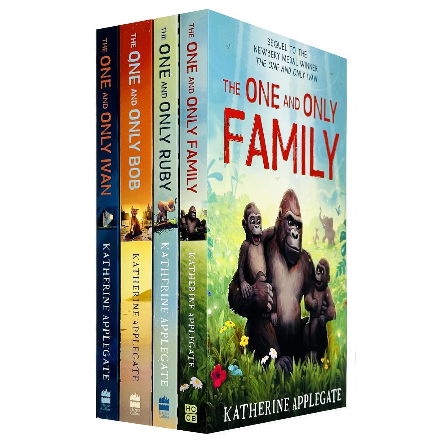 Front cover view of The One and Only 4-book paperback collection set by Katherine Applegate, featuring Ivan, Bob, Ruby, and Family, for ages 8-12.