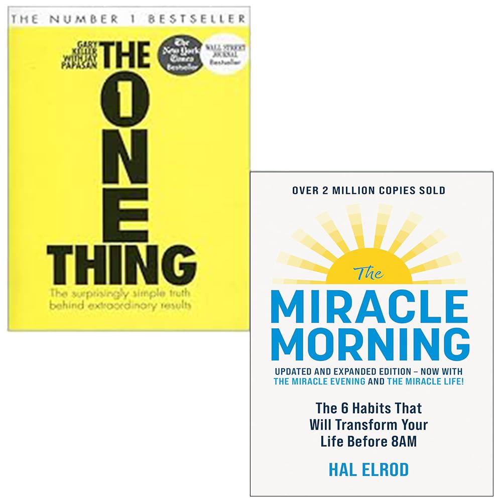 Angled shot of The One Thing and The Miracle Morning paperback books displayed together on a shelf