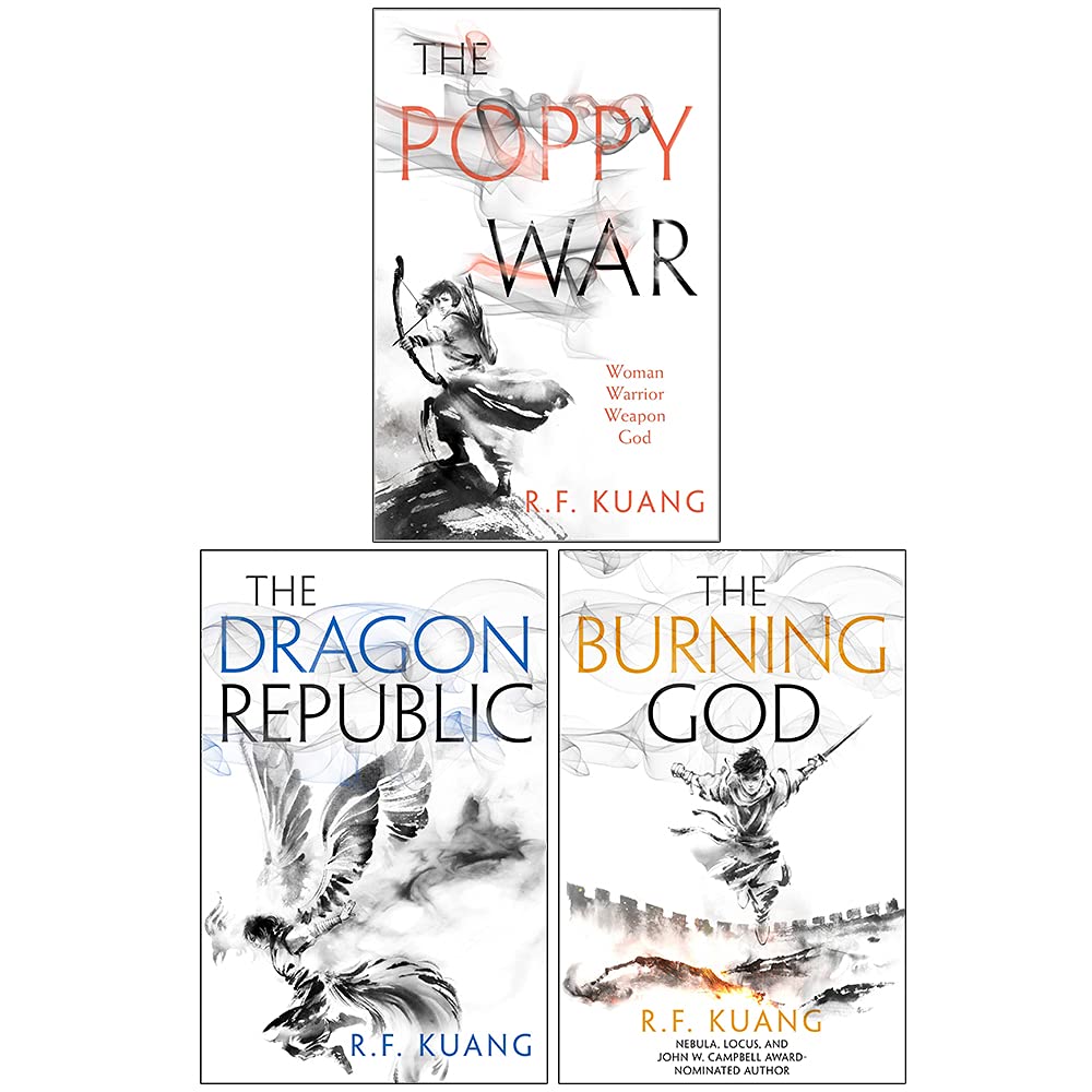 The Poppy War, The Dragon Republic, and The Burning God paperback spines side by side