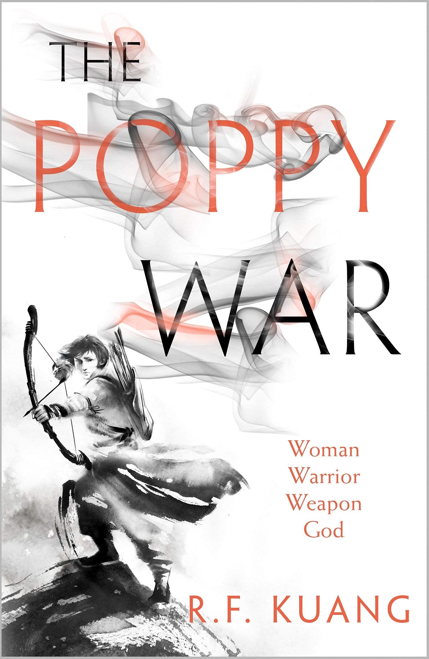Close-up cover art of The Poppy War paperback showing the trilogy's fantasy artwork