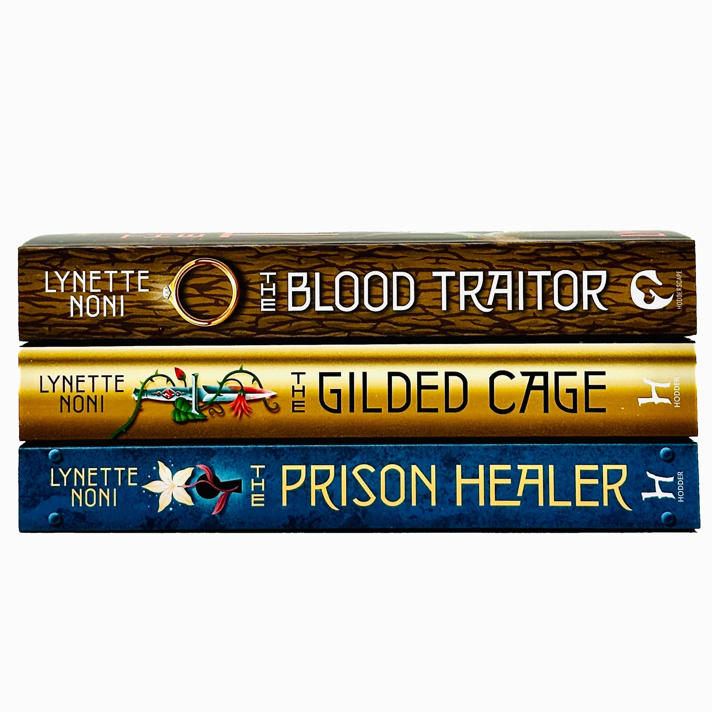 Angled view of the Prison Healer trilogy paperback set by Lynette Noni, published by Hodderscape, displaying all three YA fantasy titles together.