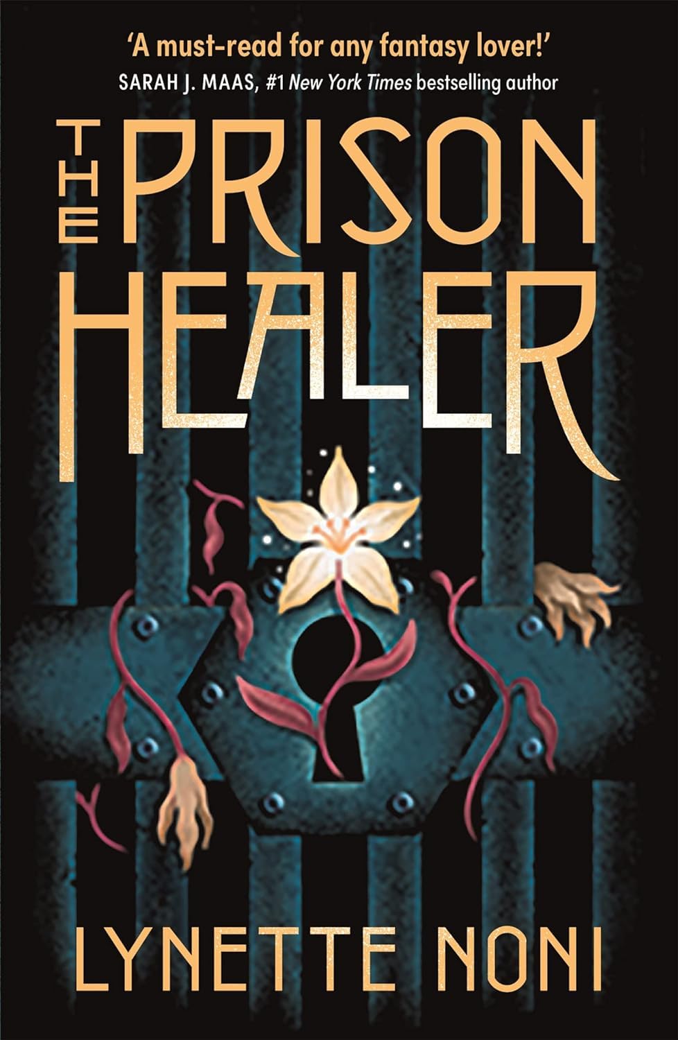 Close-up of the Prison Healer series paperback spines and covers by Lynette Noni, showing Hodderscape branding on the young adult fantasy set.