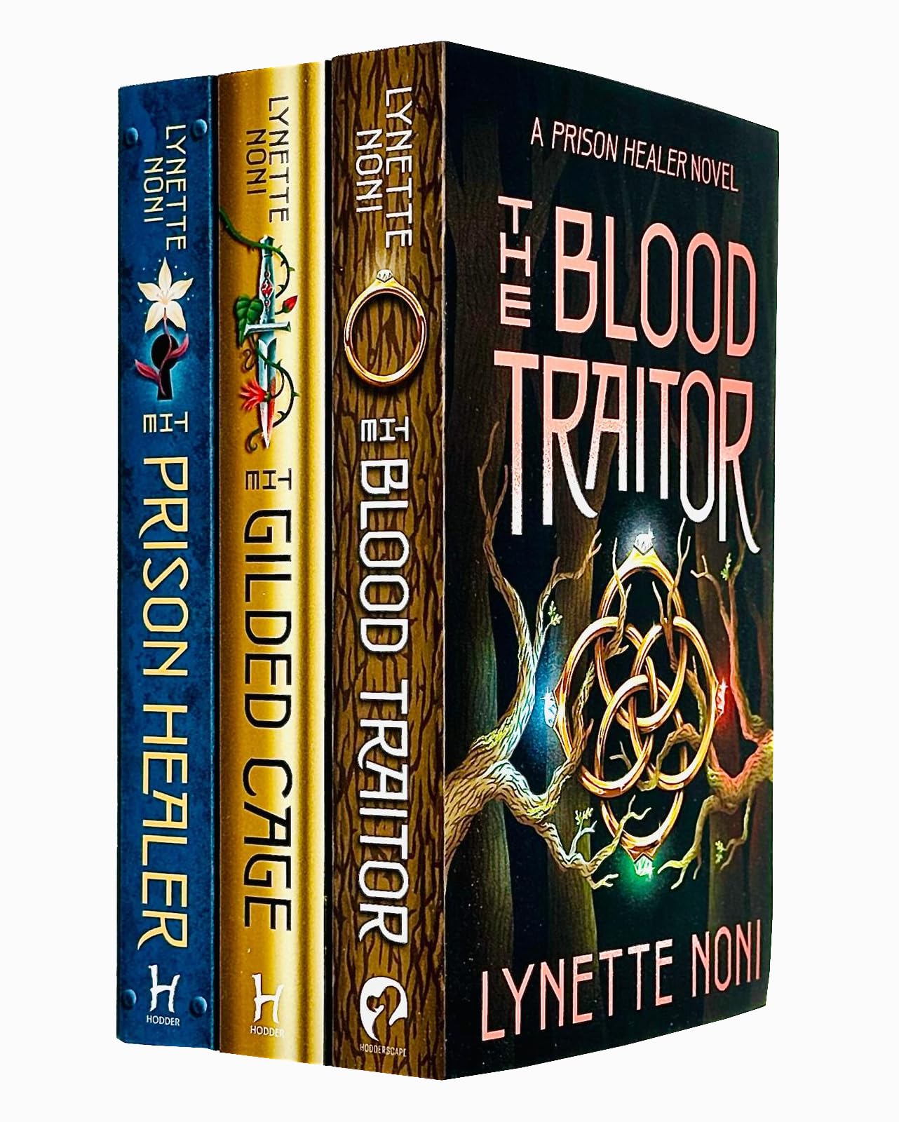 Front covers of the Prison Healer series 3-book paperback set by Lynette Noni, showing The Prison Healer, The Gilded Cage, and The Blood Traitor fantasy cover art.