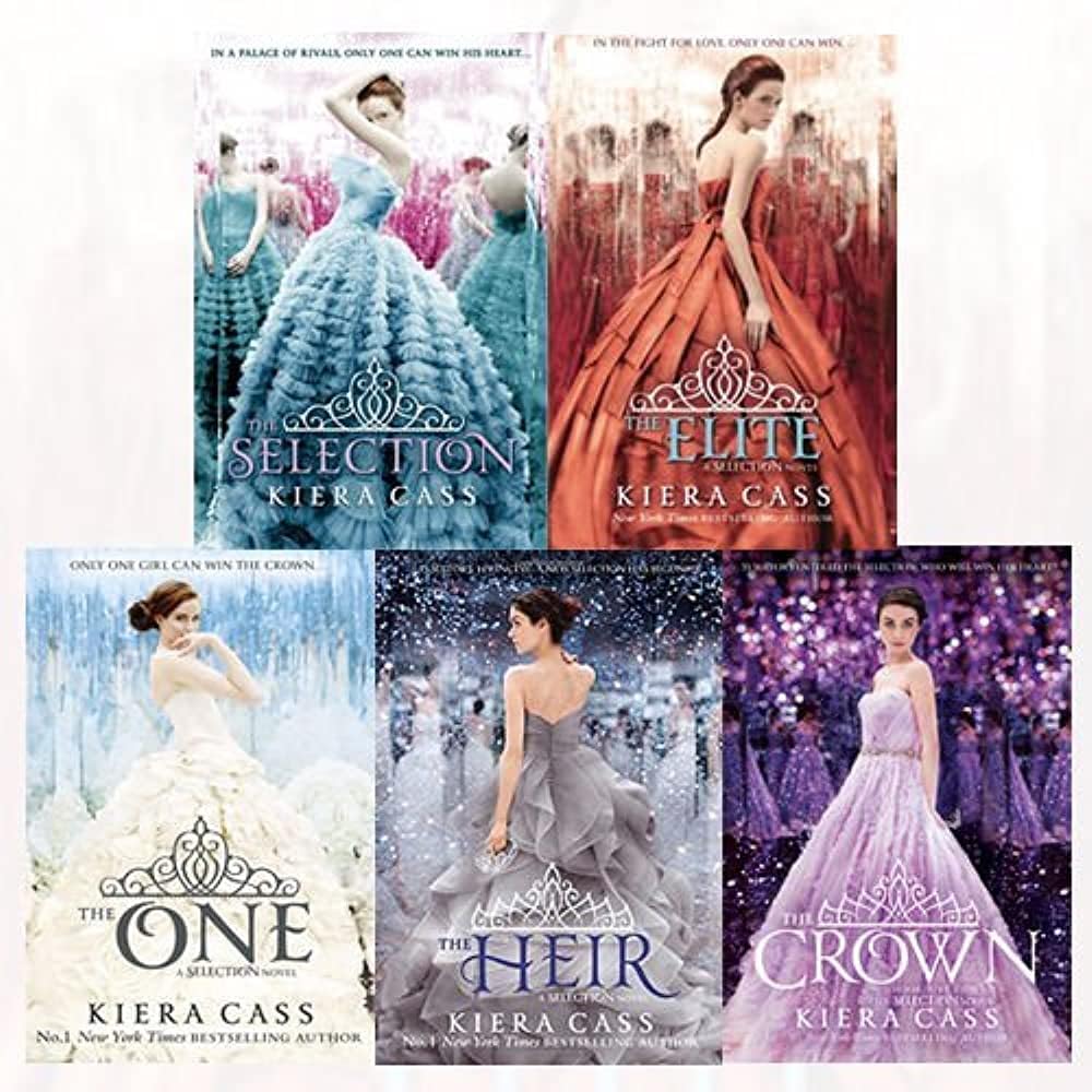 The Selection Series 5-book collection back cover and spines, The Selection, The Elite, The One, The Heir, The Crown