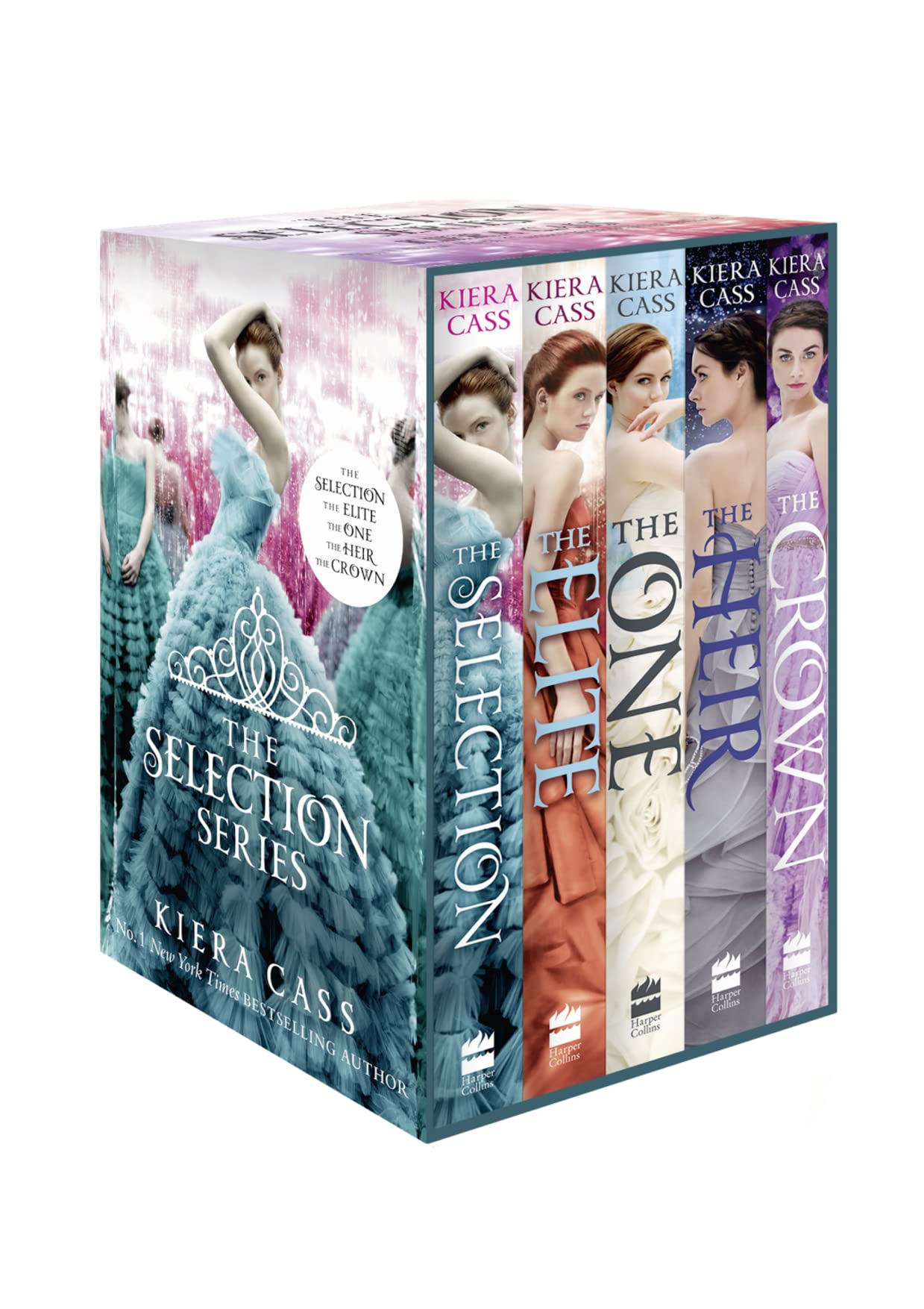 The Selection Series 1-5 by Kiera Cass 5-book paperback box set cover, Young Adult royal romance collection
